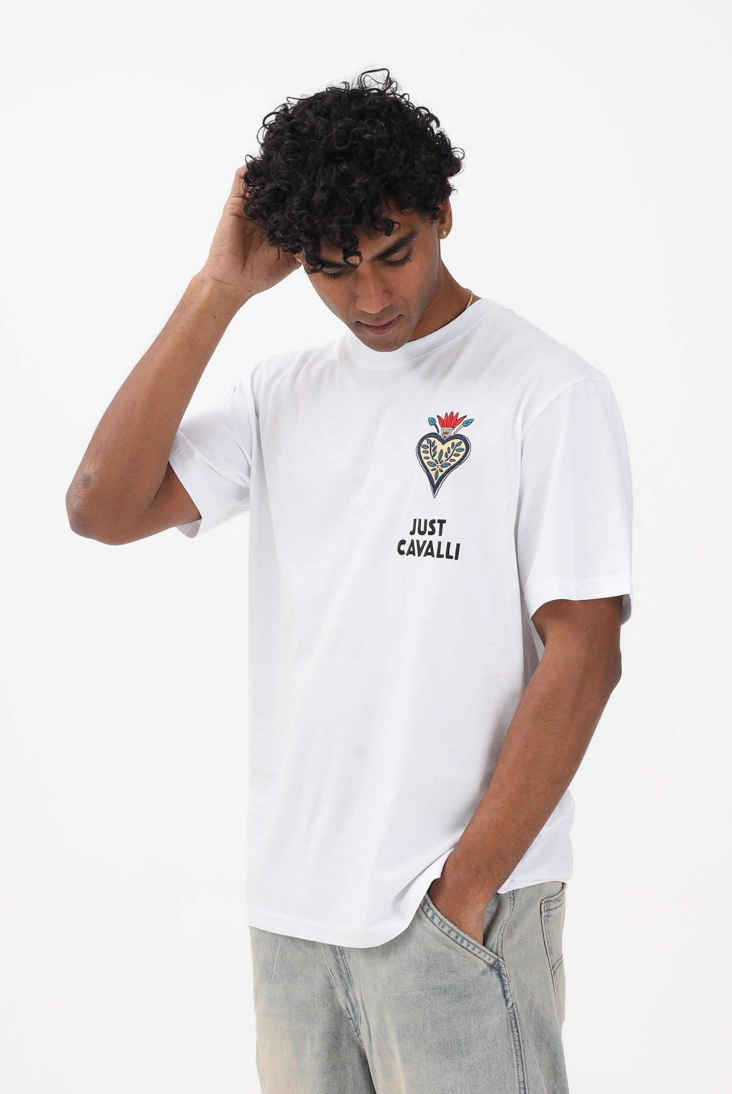 JUST CAVALLI T-shirt a manica corta bianca da uomo con ricamo 80OAHE24CJ110 003 JUST CAVALLI