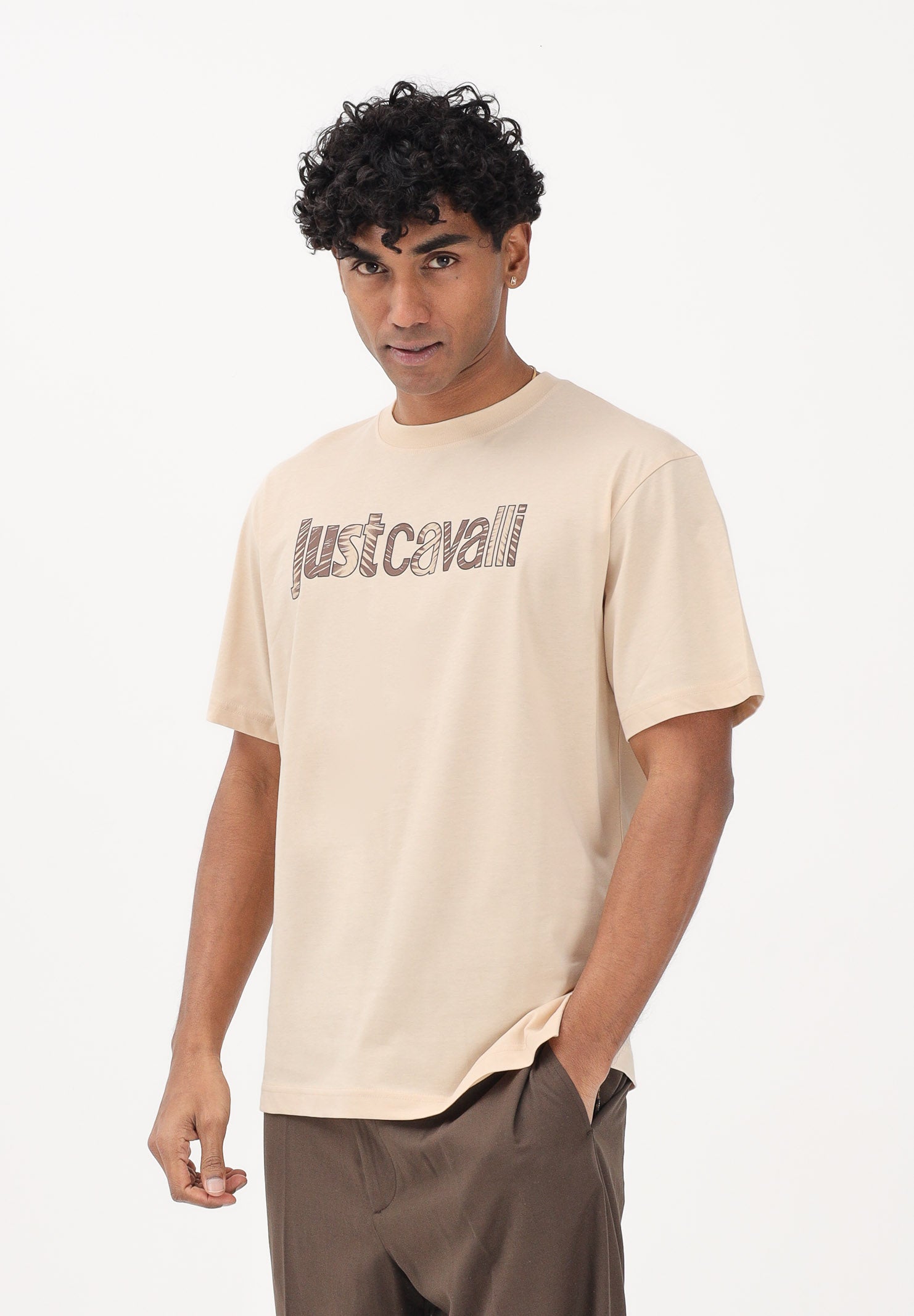 JUST CAVALLI T-shirt a manica corta beige da uomo con logo 80OAHT03CJ500 774 JUST CAVALLI
