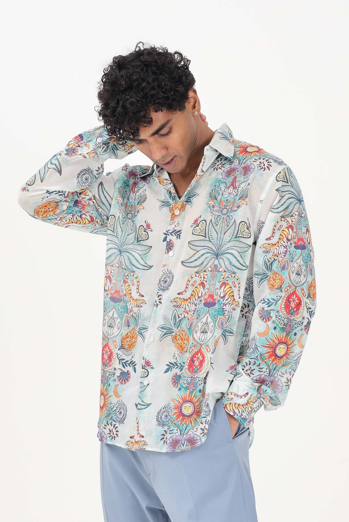 JUST CAVALLI Camicia a manica lunga azzurra da uomo con stampa all-over 80OAL210NS780 217 JUST CAVALLI