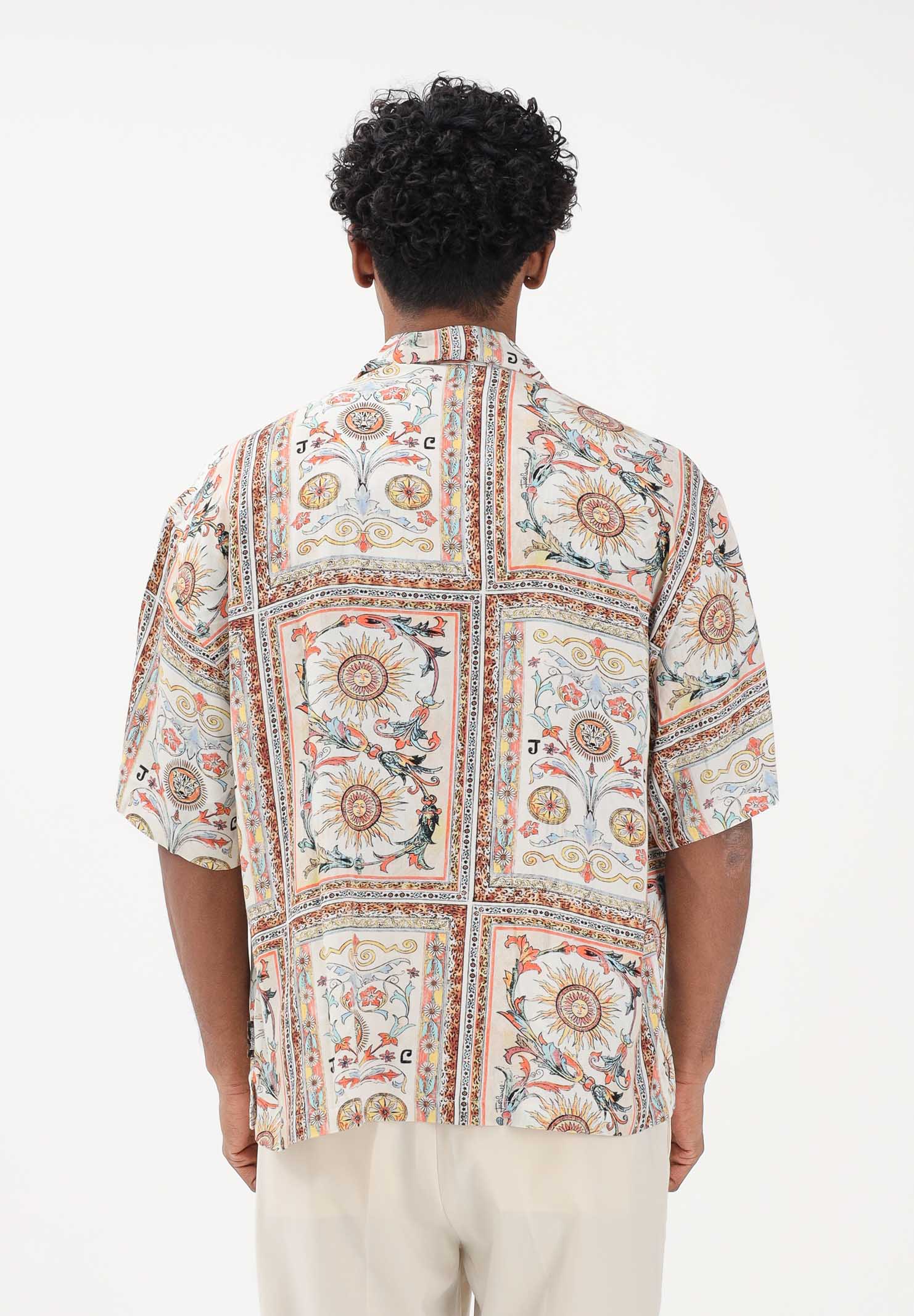 JUST CAVALLI Camicia a manica corta beige da uomo con stampa decorativa 80OALF01CNF05 R85 JUST CAVALLI