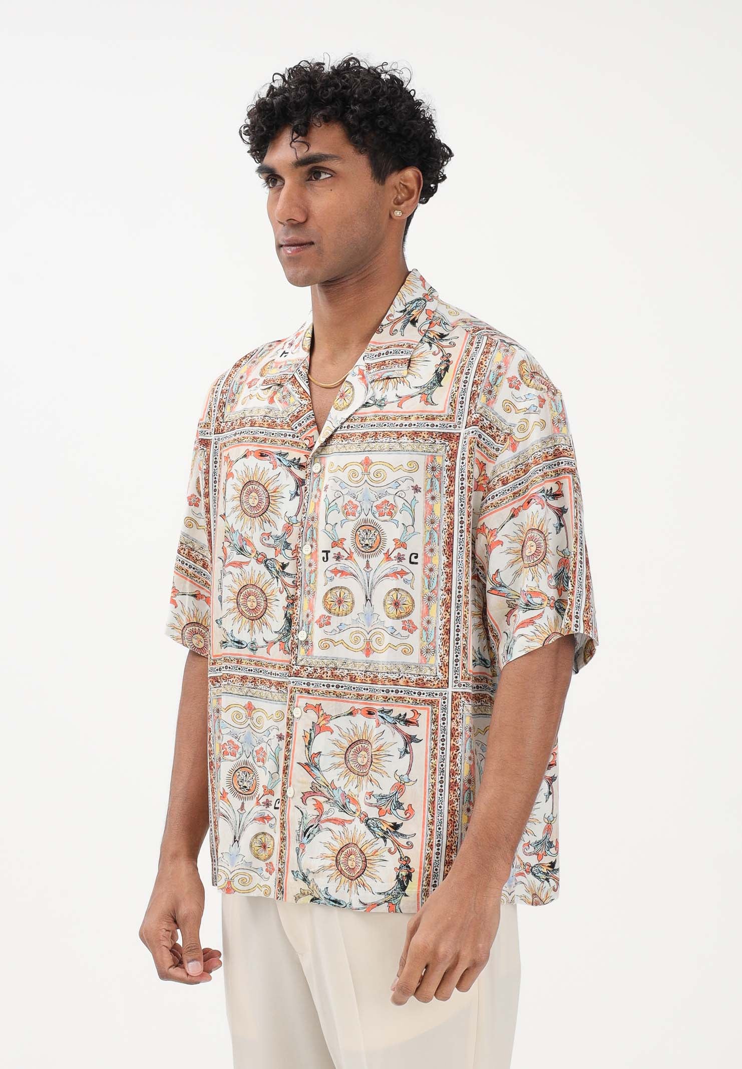JUST CAVALLI Camicia a manica corta beige da uomo con stampa decorativa 80OALF01CNF05 R85 JUST CAVALLI