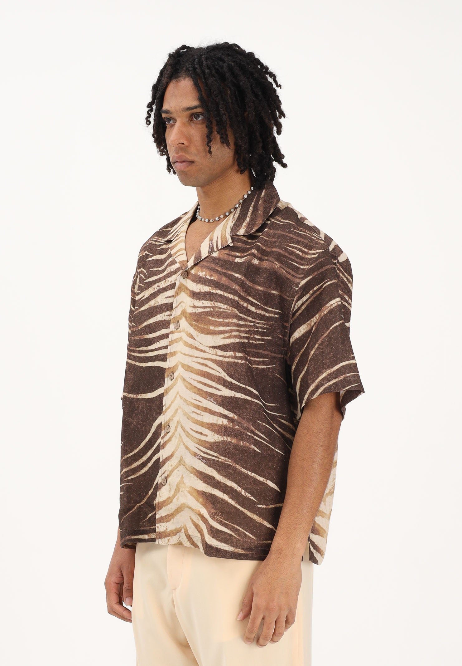 JUST CAVALLI Camicia a manica corta beige e marrone da uomo con fantasia tigrata 80OALF02CNF06 R83 JUST CAVALLI