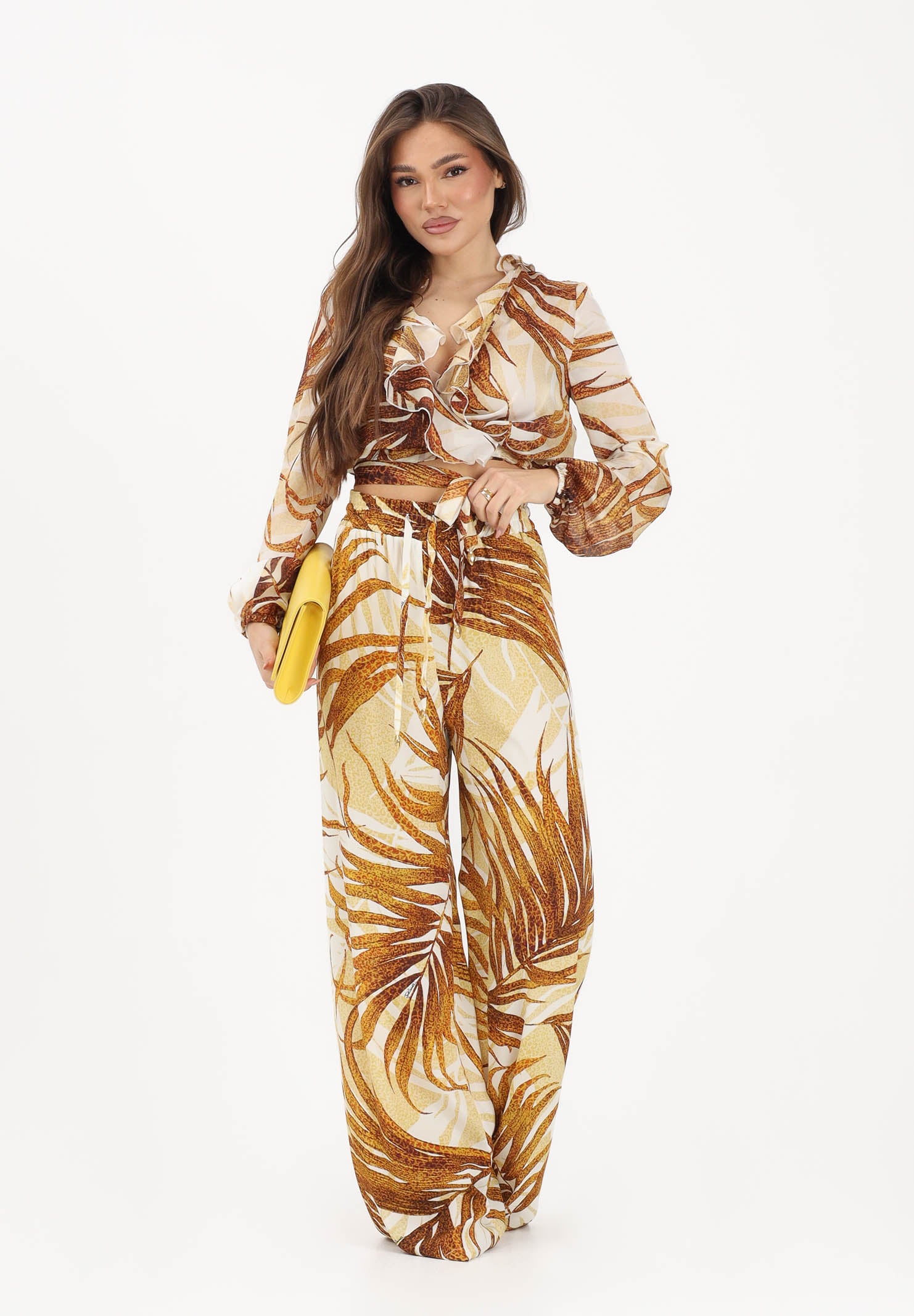 JUST CAVALLI Pantalone elegante beige da donna con stampa di foglie 80PAA126NS838 638 JUST CAVALLI