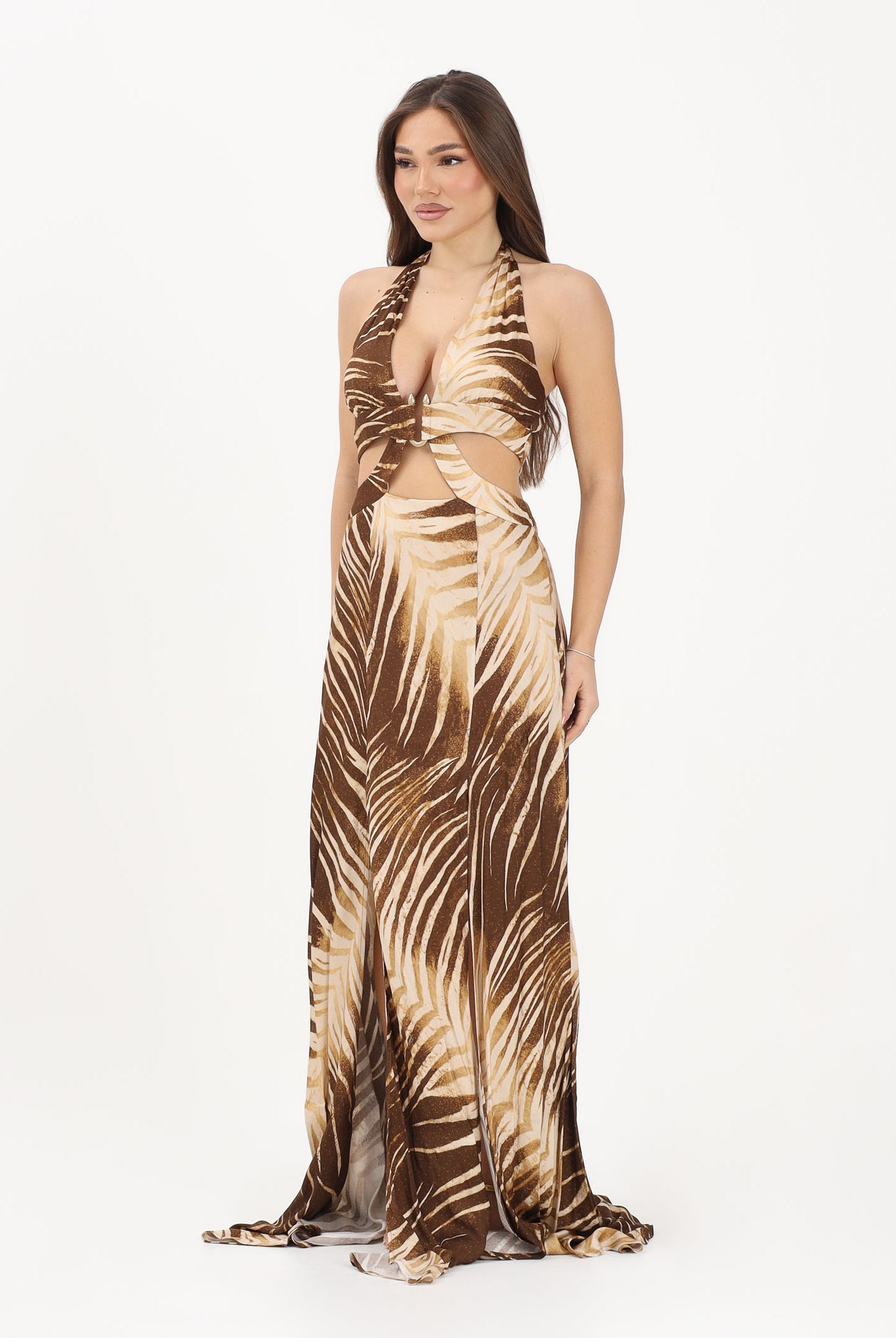 JUST CAVALLI Abito lungo beige e marrone da donna con stampa di foglie 80PAO919NS819 751 JUST CAVALLI
