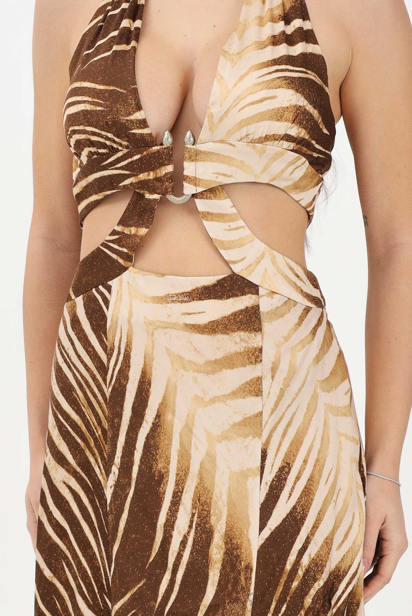 JUST CAVALLI Abito lungo beige e marrone da donna con stampa di foglie 80PAO919NS819 751 JUST CAVALLI