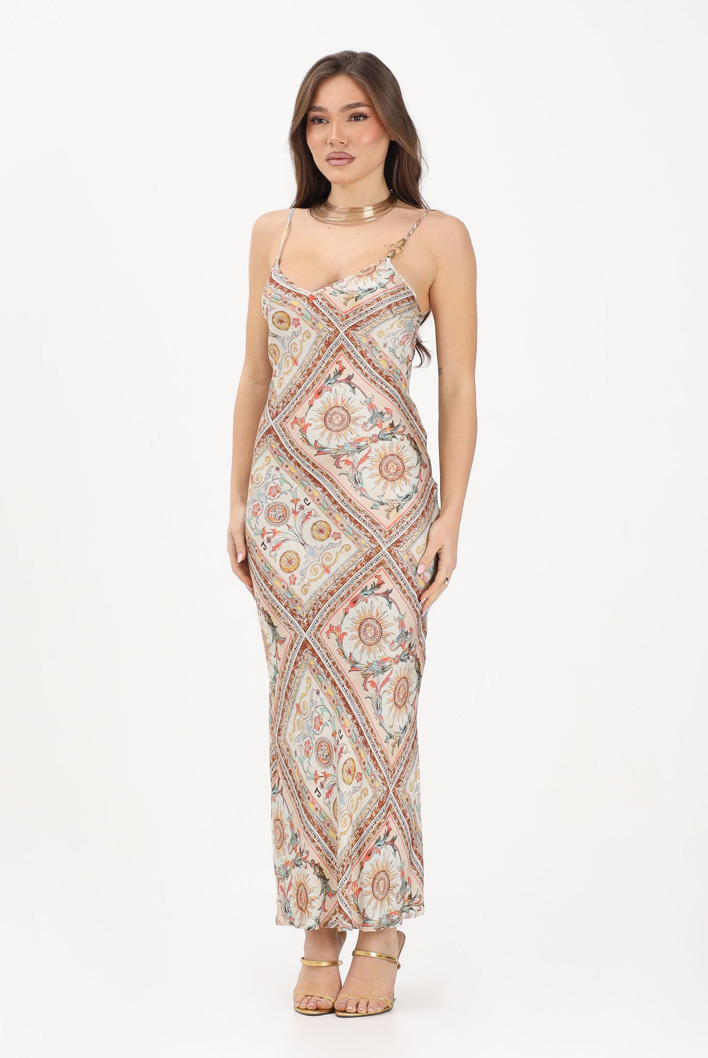 JUST CAVALLI Abito midi beige da donna con stampa ornamentale 80PAO925NS779 774 JUST CAVALLI
