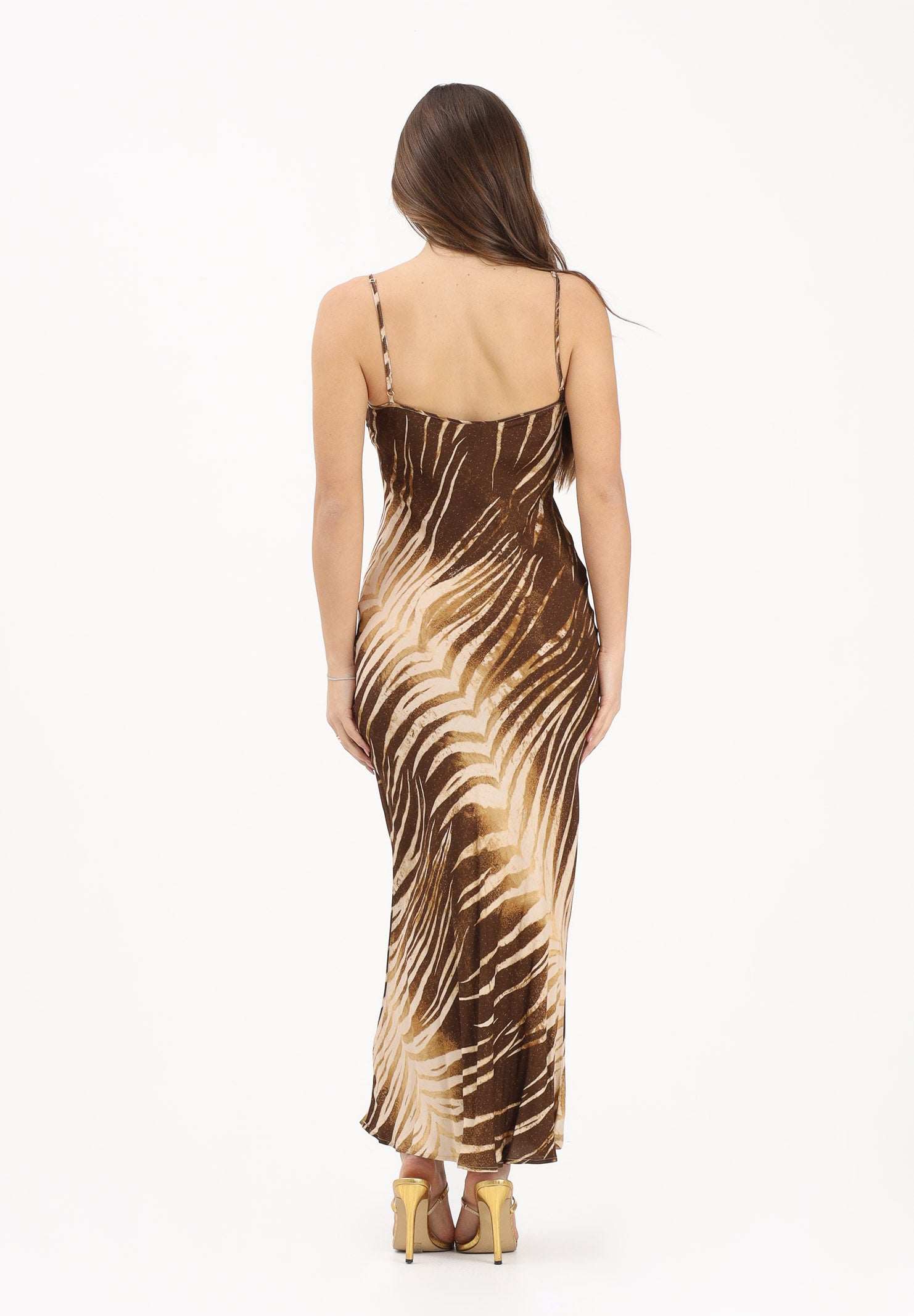 JUST CAVALLI Abito midi beige da donna con stampa di foglie stilizzate 80PAO925NS819 751 JUST CAVALLI