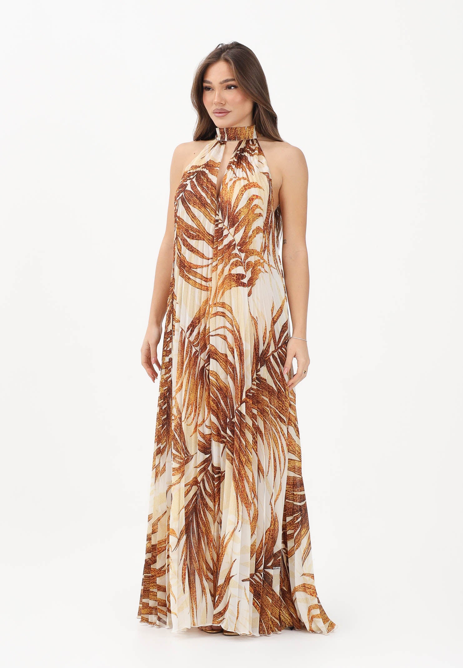 JUST CAVALLI Abito lungo beige da donna con stampa di foglie stilizzate 80PAO955NS775 638 JUST CAVALLI