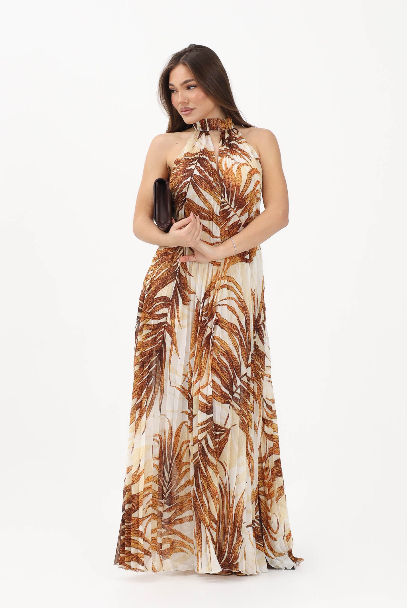 JUST CAVALLI Abito lungo beige da donna con stampa di foglie stilizzate 80PAO955NS775 638 JUST CAVALLI