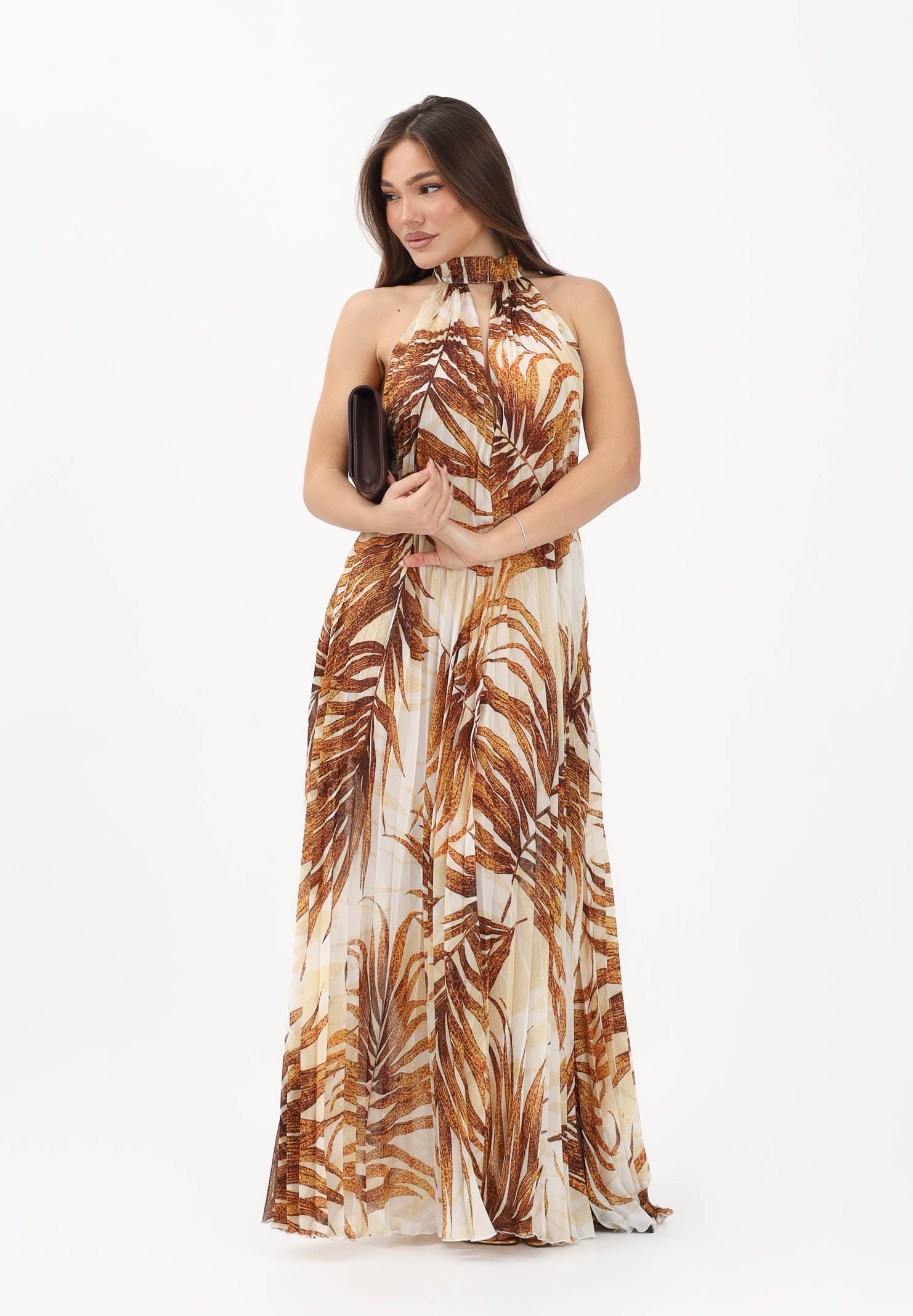 JUST CAVALLI Abito lungo beige da donna con stampa di foglie stilizzate 80PAO955NS775 638 JUST CAVALLI