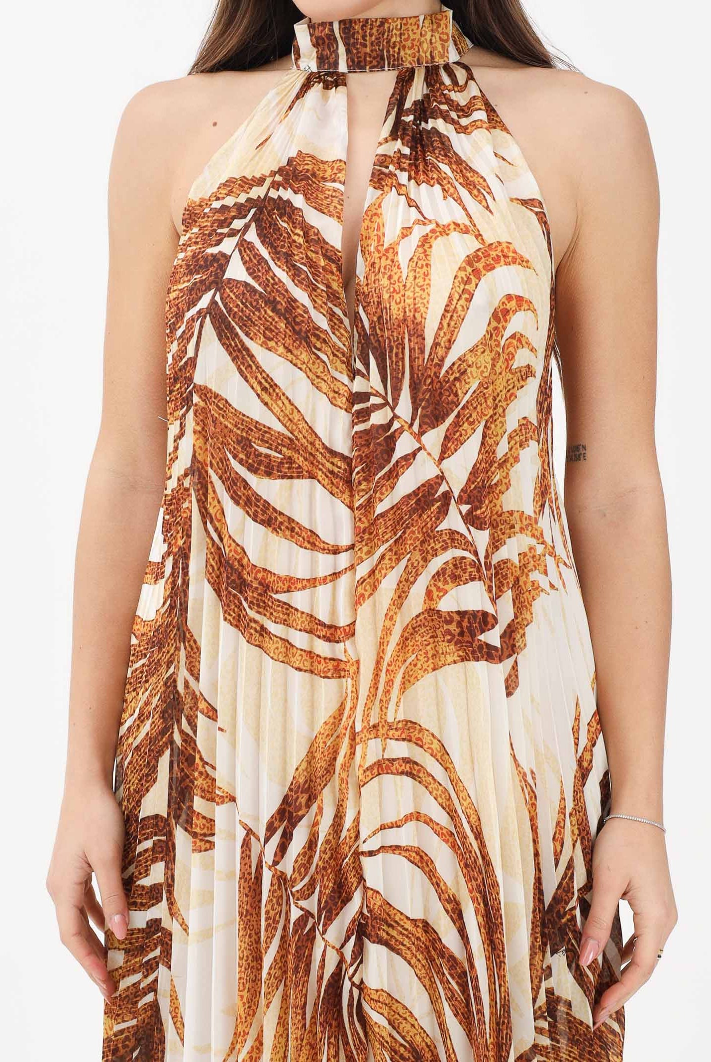 JUST CAVALLI Abito lungo beige da donna con stampa di foglie stilizzate 80PAO955NS775 638 JUST CAVALLI