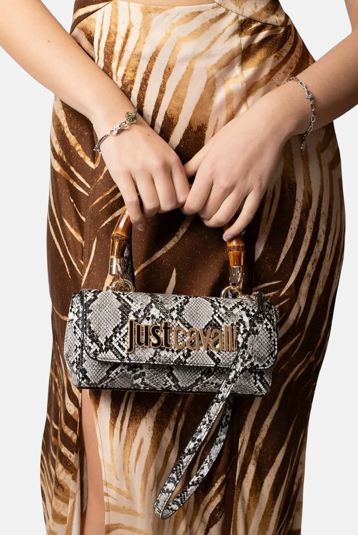 JUST CAVALLI Borsa a mano da donna con stampa effetto pitone nei toni del bianco e nero 80RA4BD1ZSD84 L02 JUST CAVALLI