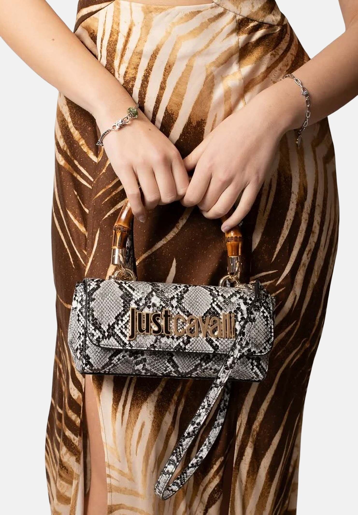 JUST CAVALLI Borsa a mano da donna con stampa effetto pitone nei toni del bianco e nero 80RA4BD1ZSD84 L02 JUST CAVALLI