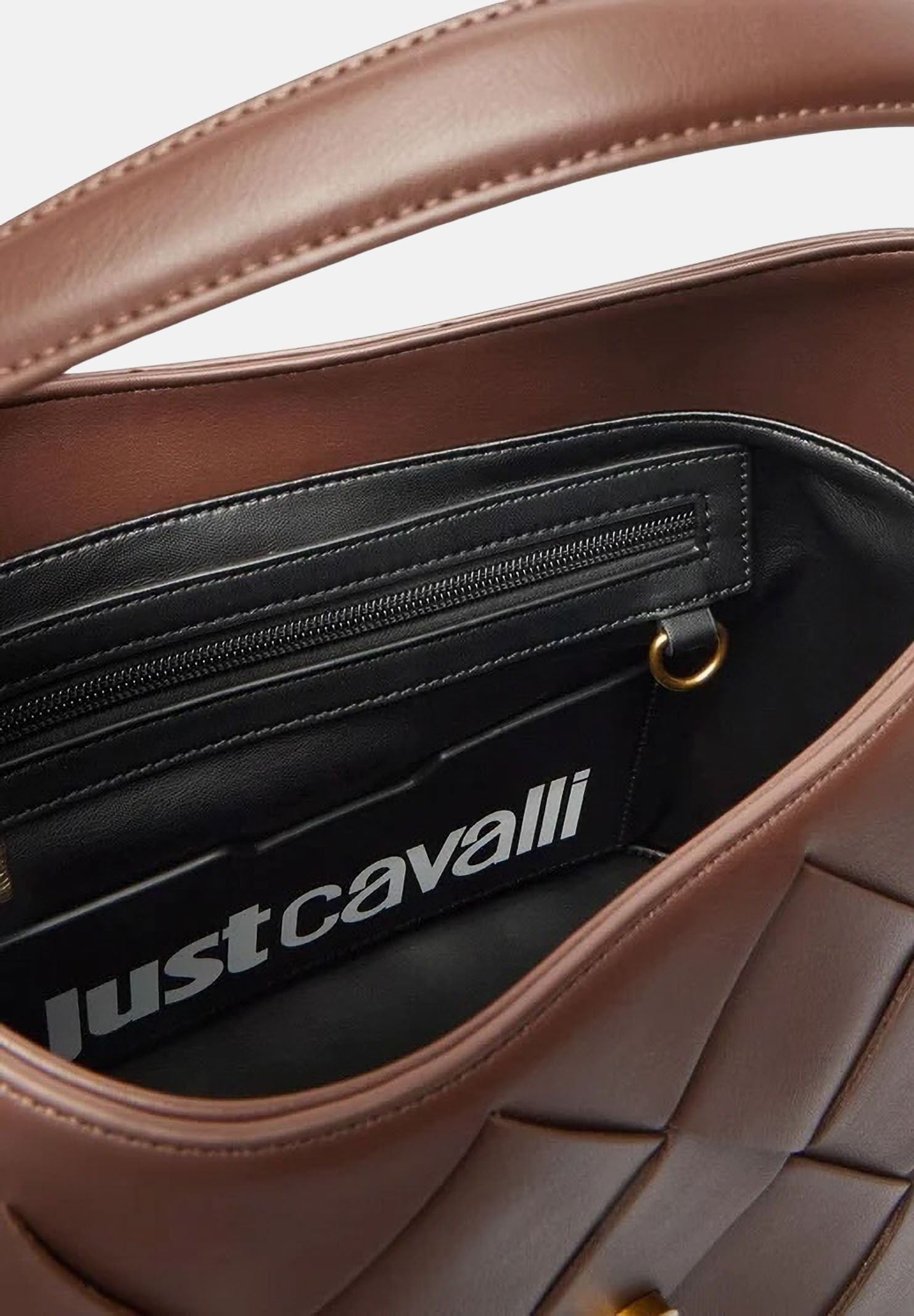 JUST CAVALLI Borsa a mano marrone da donna con lavorazione intrecciata e fibbia logo 80RA4BM4ZSD88 772 JUST CAVALLI