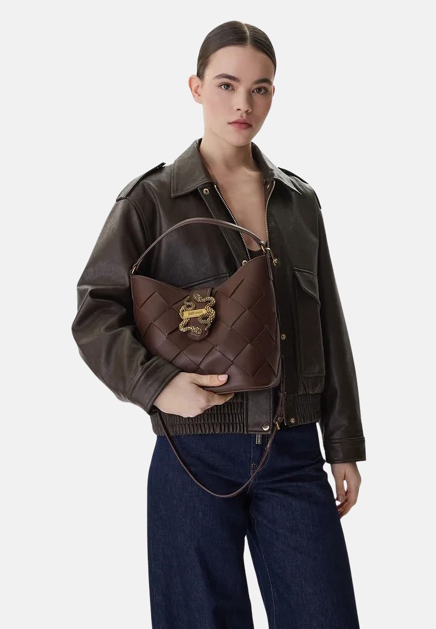 JUST CAVALLI Borsa a mano marrone da donna con lavorazione intrecciata e fibbia logo 80RA4BM4ZSD88 772 JUST CAVALLI