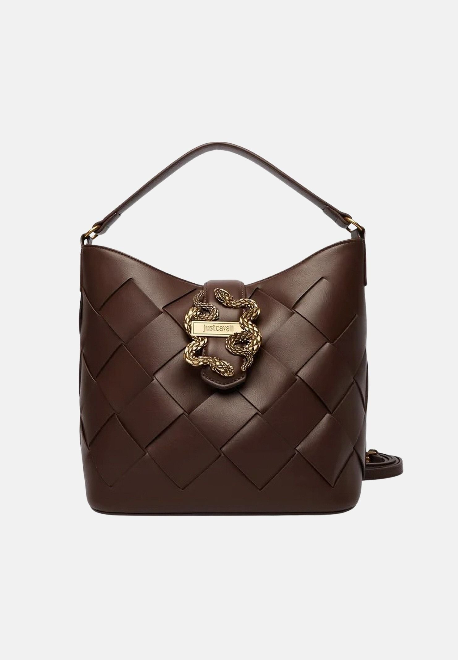 JUST CAVALLI Borsa a mano marrone da donna con lavorazione intrecciata e fibbia logo 80RA4BM4ZSD88 772 JUST CAVALLI