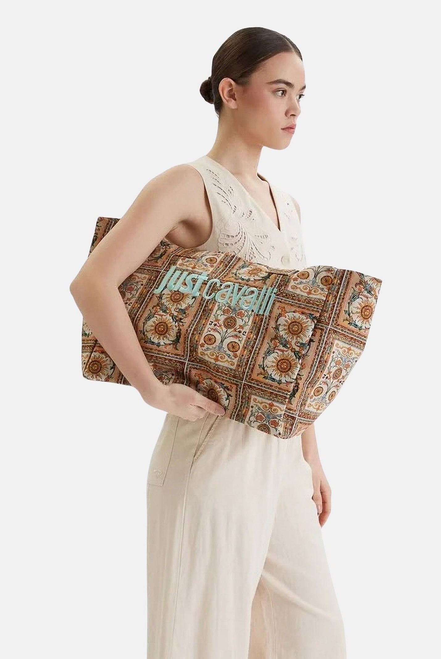 JUST CAVALLI Borsa mare beige da donna con stampa ornamentale 80RA4BS1ZG426 R85 JUST CAVALLI