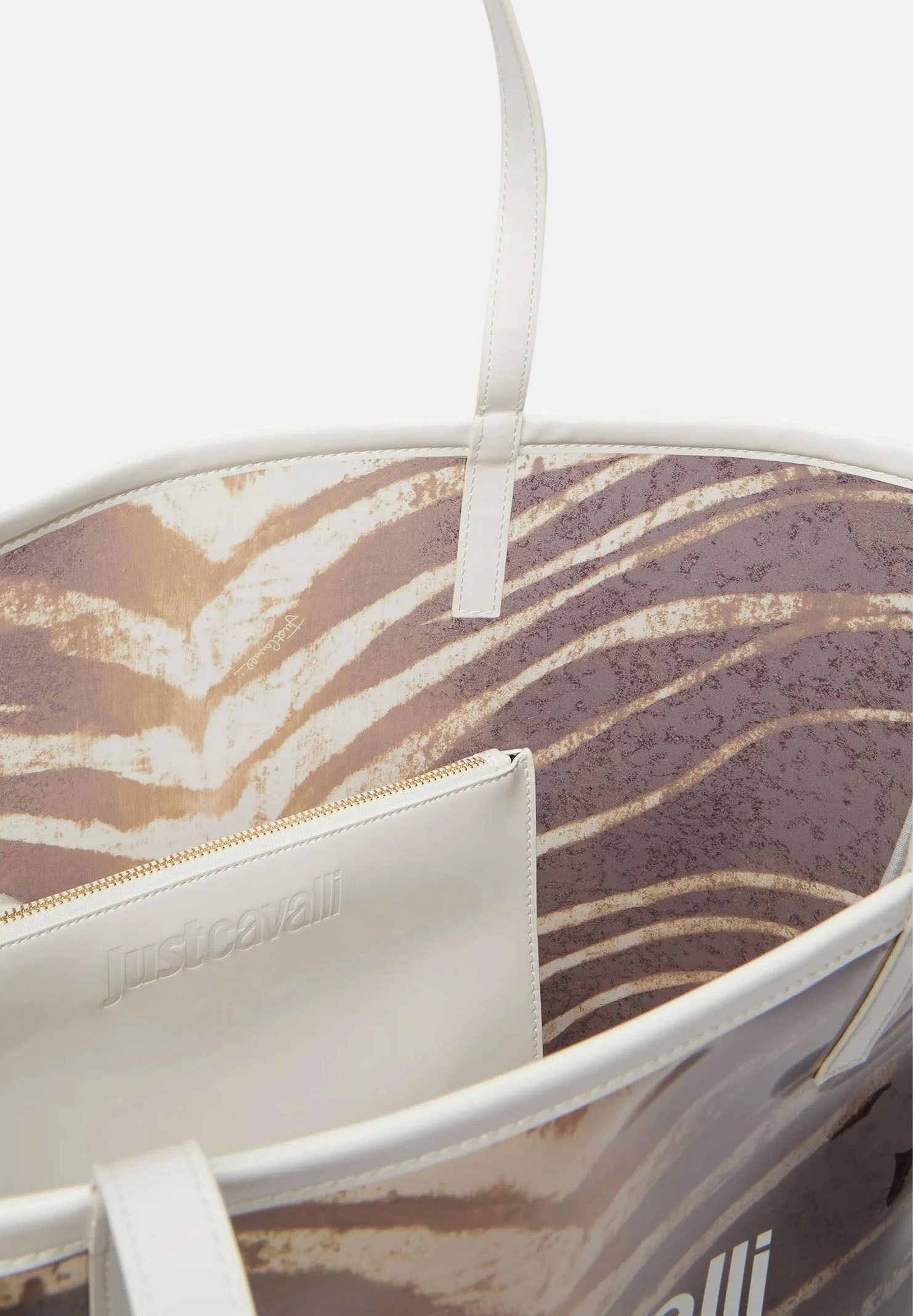 JUST CAVALLI Borsa mare marrone e bianca da donna con stampa animalier zebrata 80RA4BS2ZSB94 R83 JUST CAVALLI