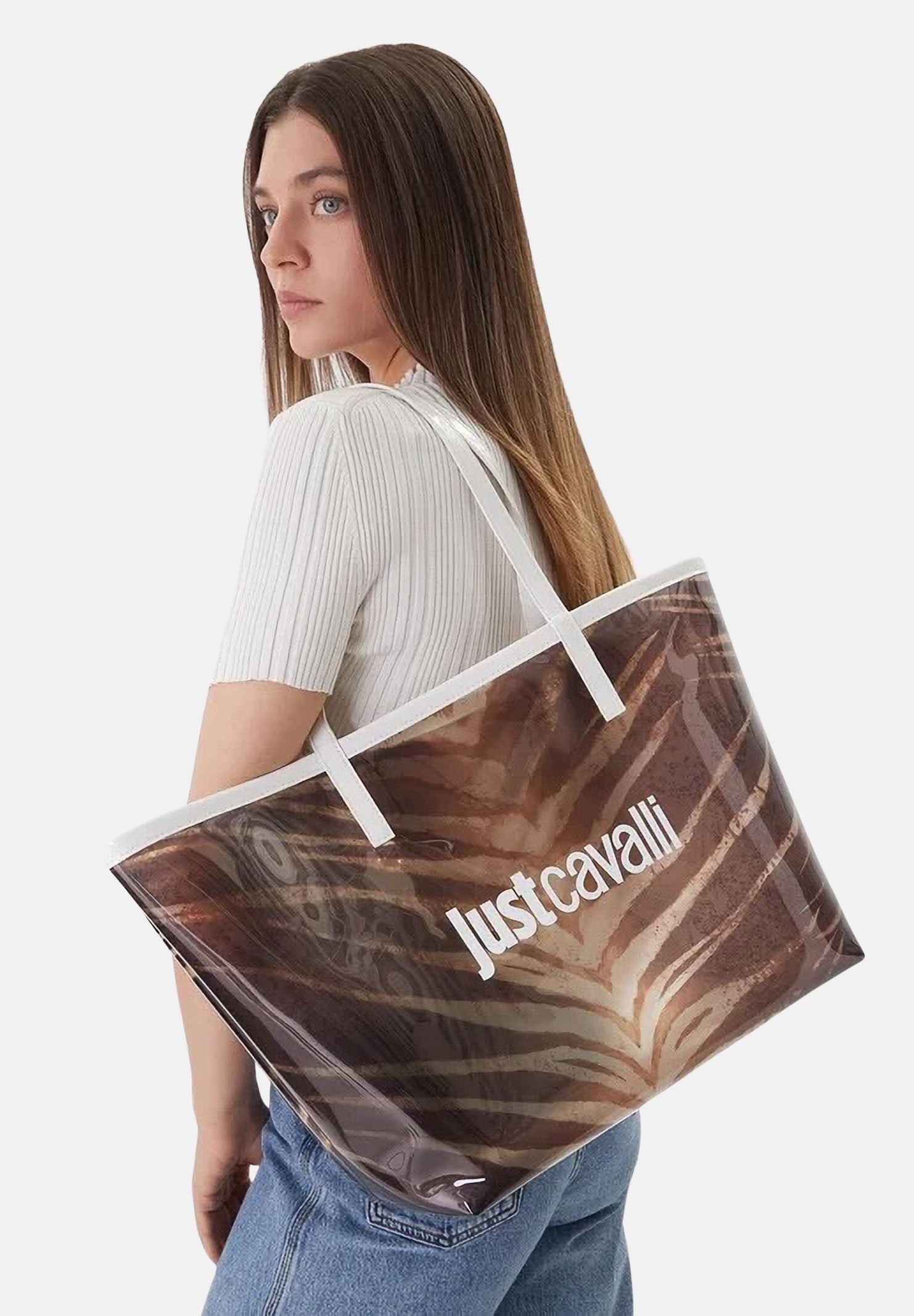 JUST CAVALLI Borsa mare marrone e bianca da donna con stampa animalier zebrata 80RA4BS2ZSB94 R83 JUST CAVALLI
