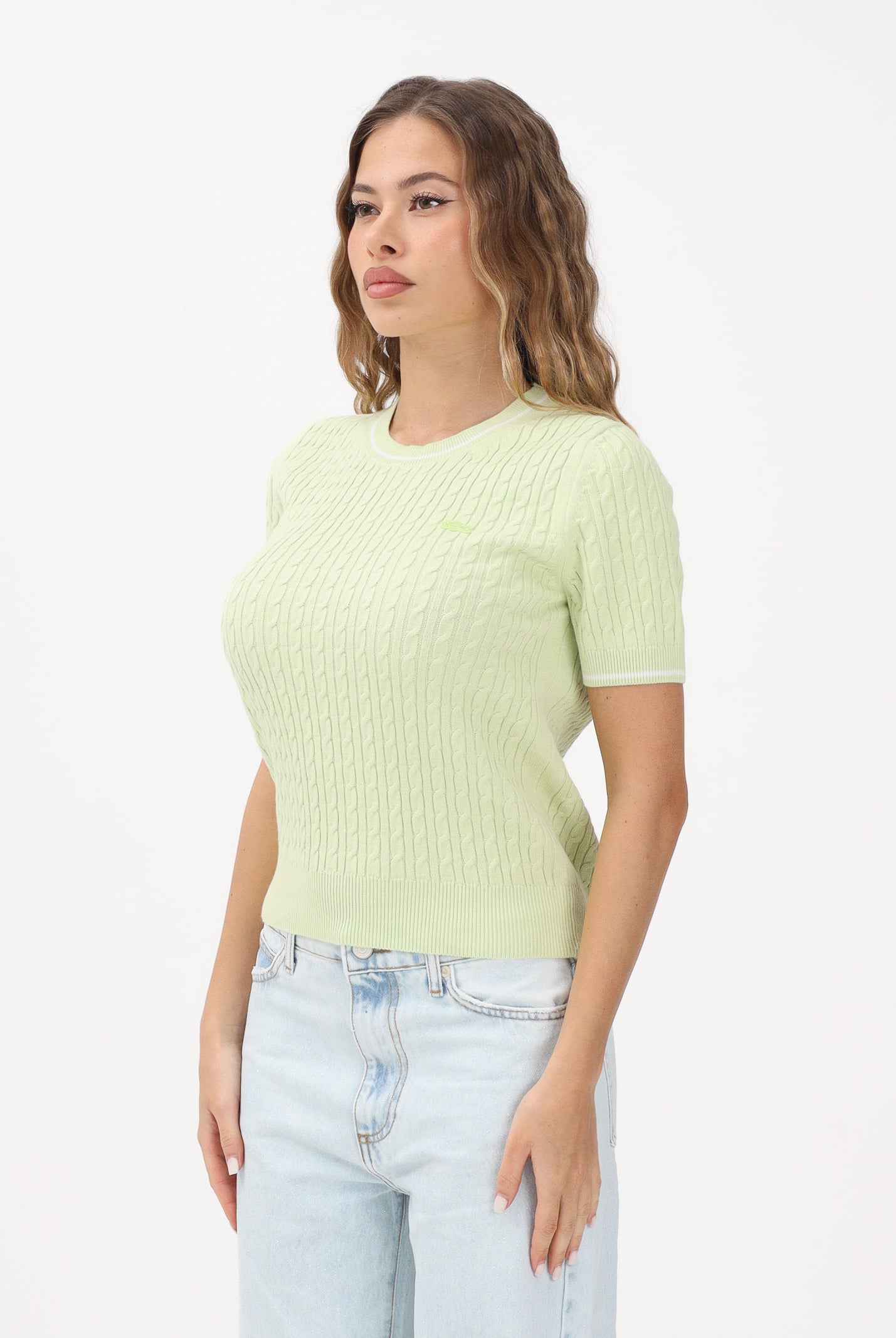 LACOSTE Maglia a manica corta verde da donna in maglia a trecce AF9862 BIC LACOSTE