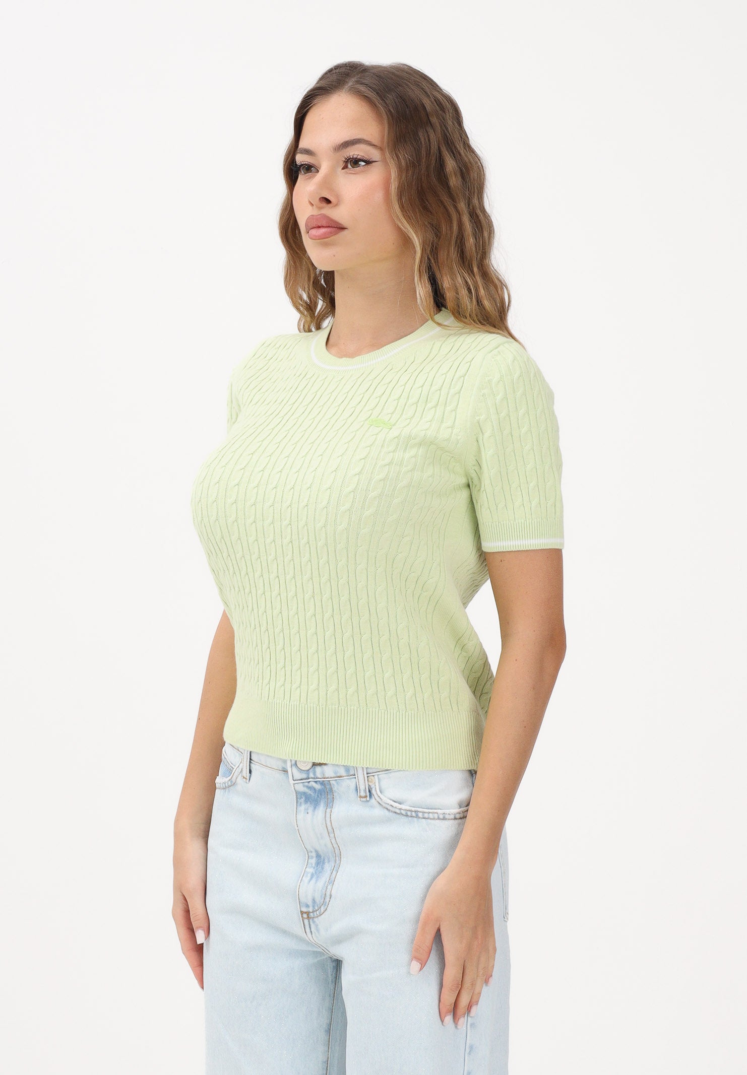 LACOSTE Maglia a manica corta verde da donna in maglia a trecce AF9862 BIC LACOSTE