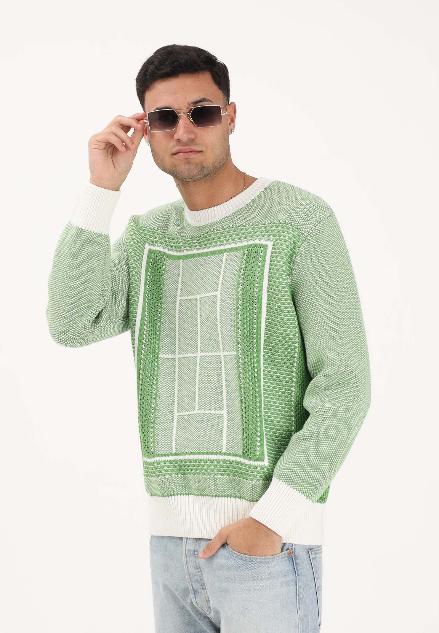 LACOSTE Maglione girocollo bianco e verde per uomo e donna con grafica campo da tennis AH0619 4SI LACOSTE
