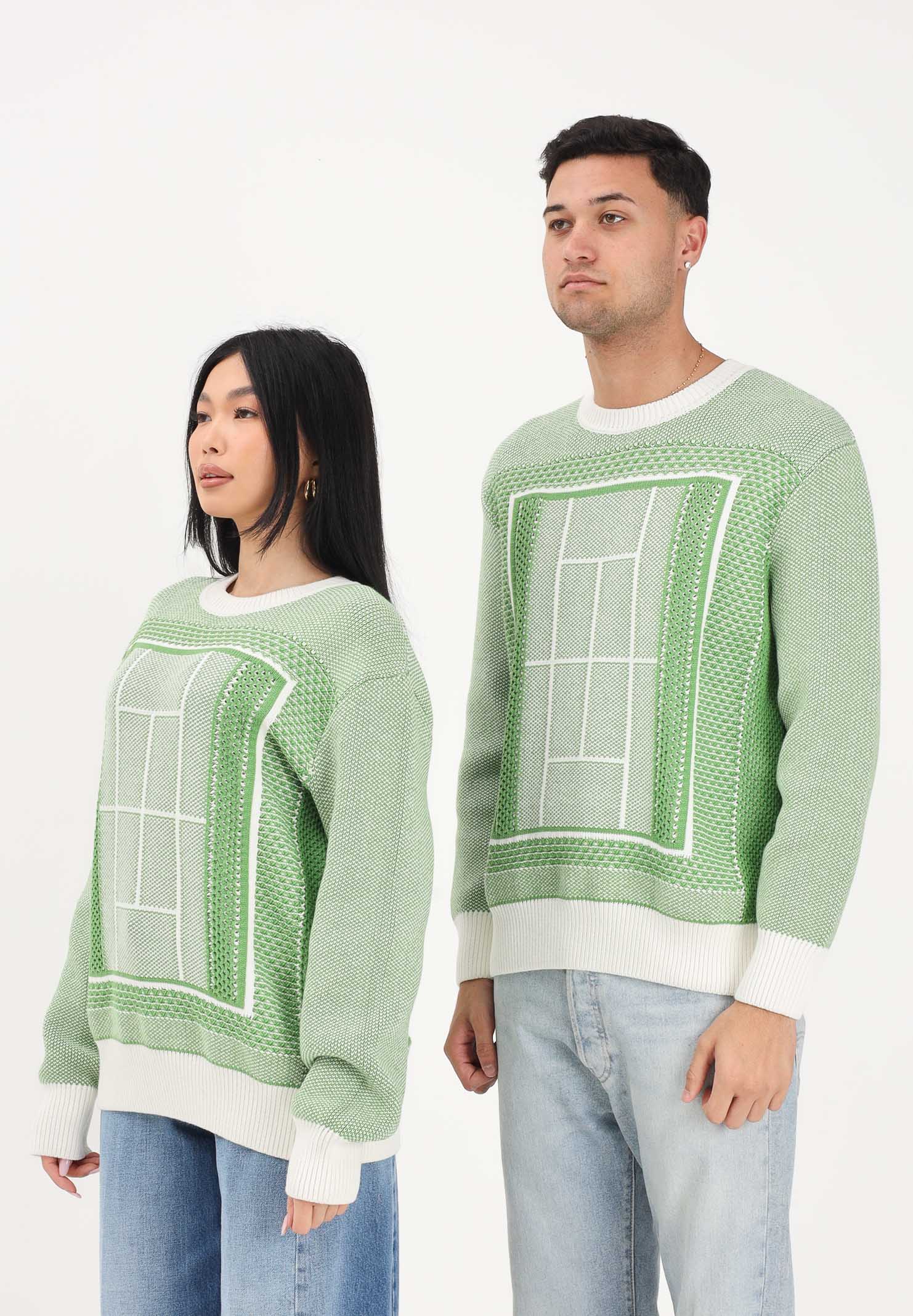 LACOSTE Maglione girocollo bianco e verde per uomo e donna con grafica campo da tennis AH0619 4SI LACOSTE