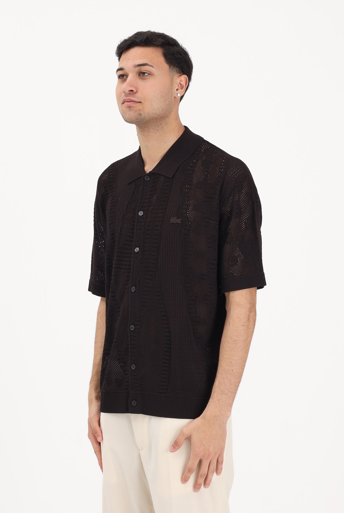 LACOSTE Cardigan marrone da uomo in maglia di pizzo AH0796 3LA LACOSTE