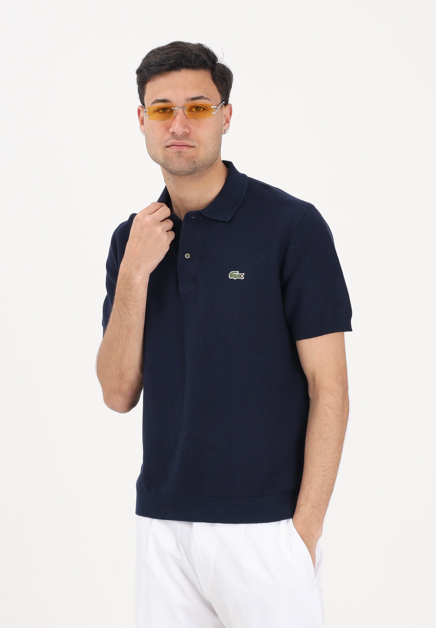 LACOSTE Polo a manica corta blu da uomo in maglia bouclé AH1043 166 LACOSTE