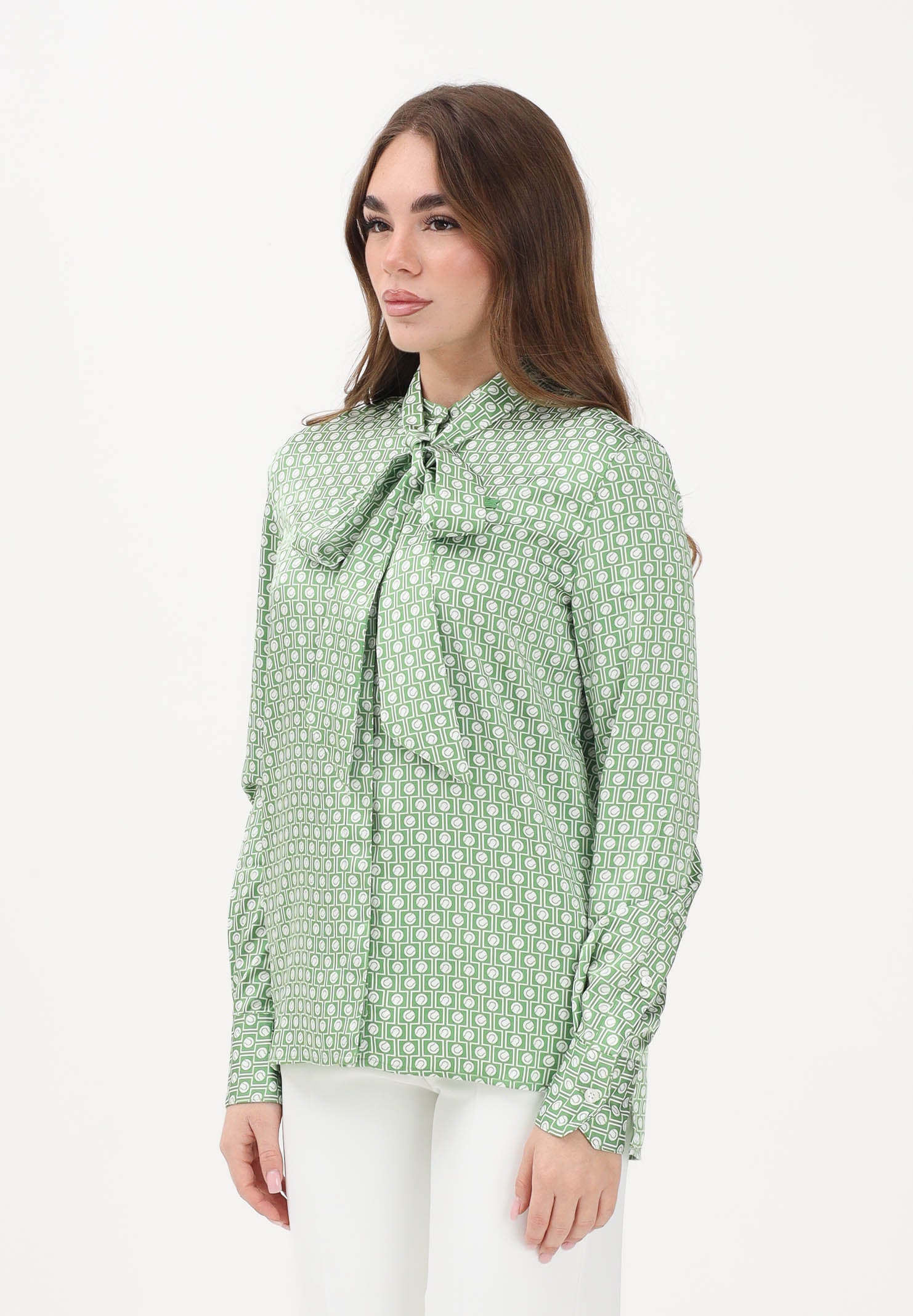 LACOSTE Camicia a manica lunga bianca e verde da donna con collo annodato staccabile CF2626 4SI LACOSTE
