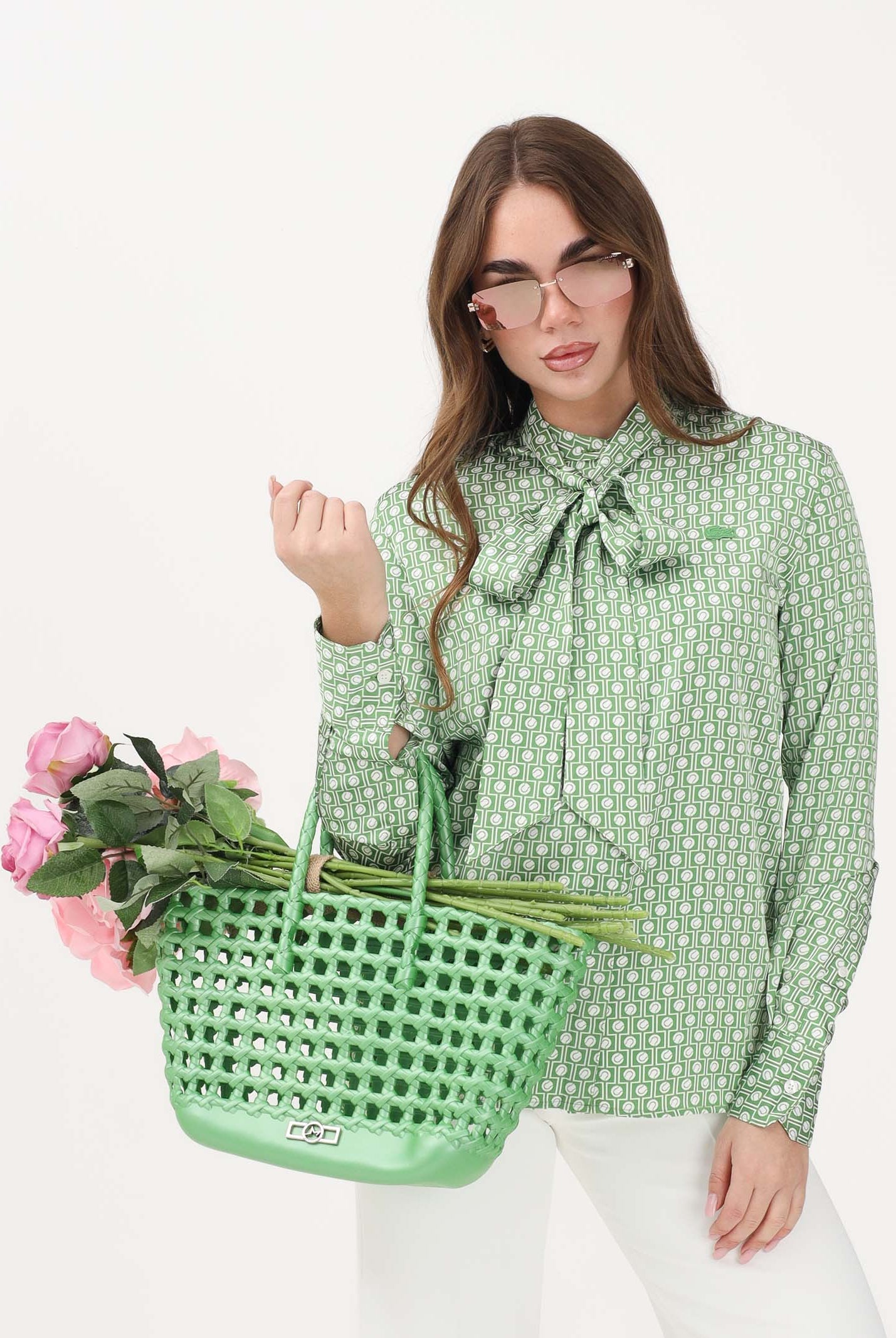 LACOSTE Camicia a manica lunga bianca e verde da donna con collo annodato staccabile CF2626 4SI LACOSTE