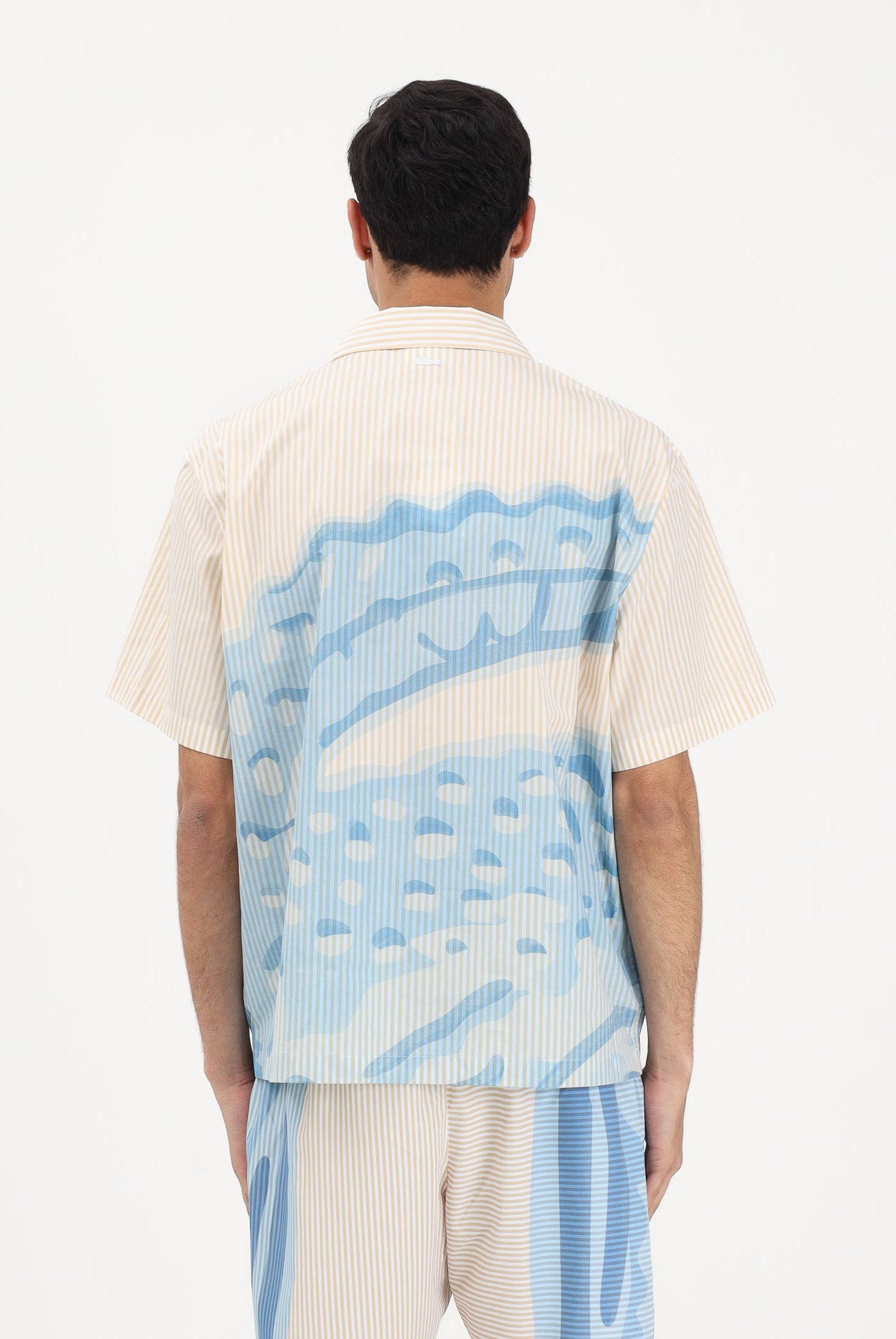 LACOSTE Camicia a manica corta panna e azzurra da uomo con stampa CH1995 3IY LACOSTE