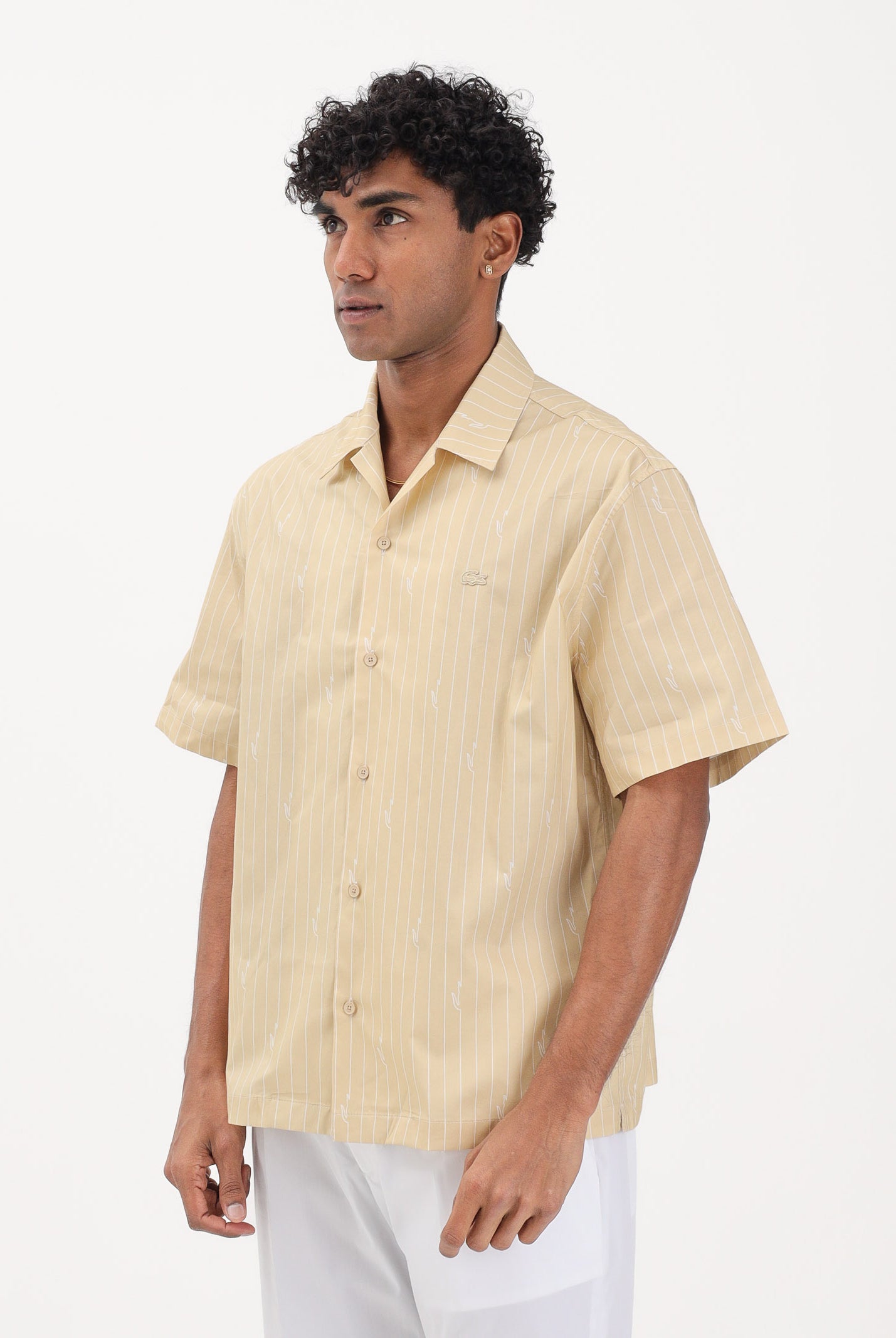 LACOSTE Camicia a manica corta gialla da uomo in twill stampata CH2343 2IU LACOSTE