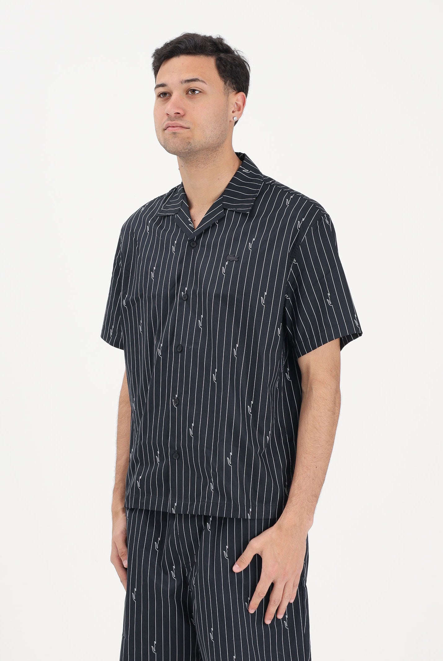 LACOSTE Camicia a manica corta nera da uomo in twill stampata CH2343 IY8 LACOSTE