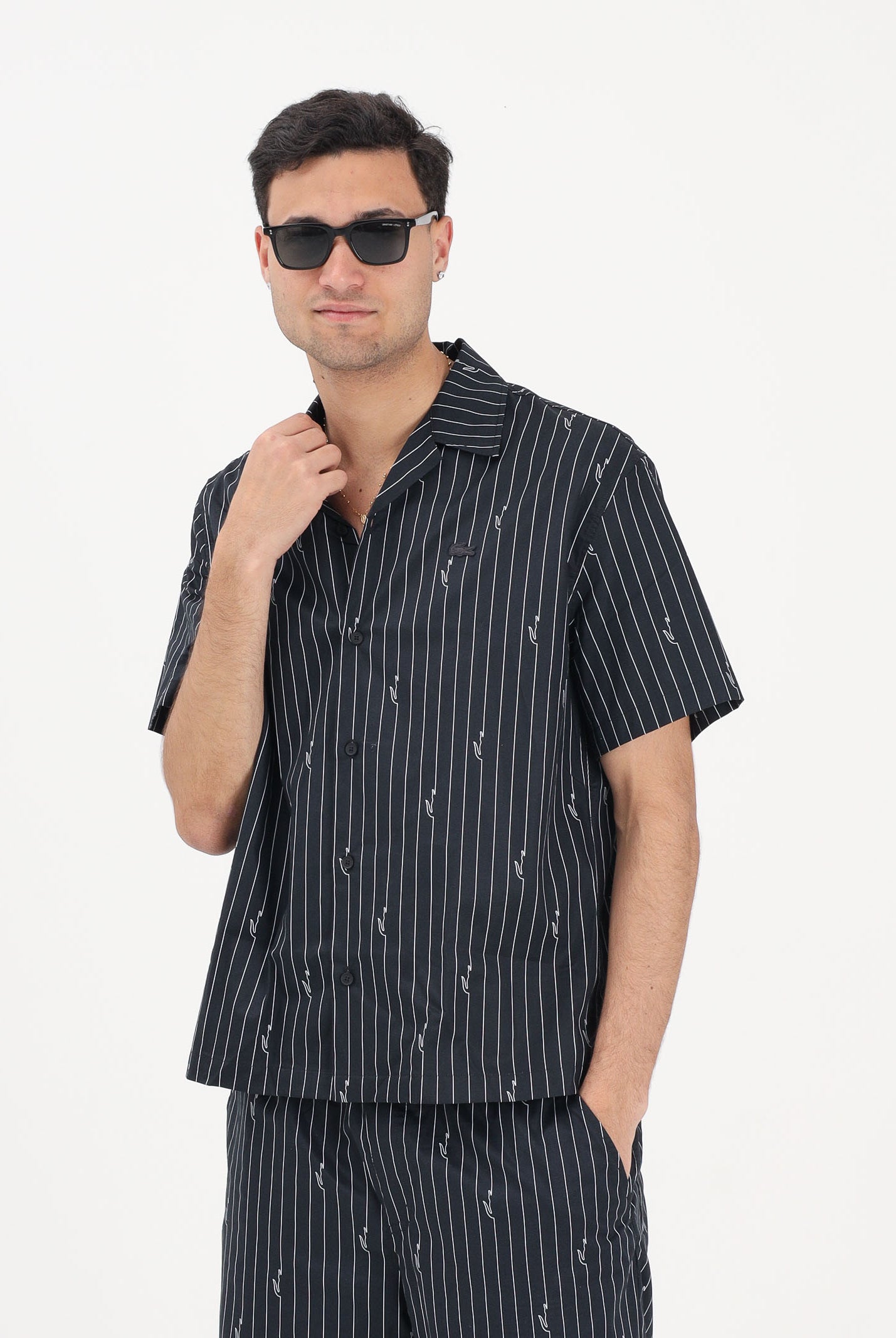 LACOSTE Camicia a manica corta nera da uomo in twill stampata CH2343 IY8 LACOSTE
