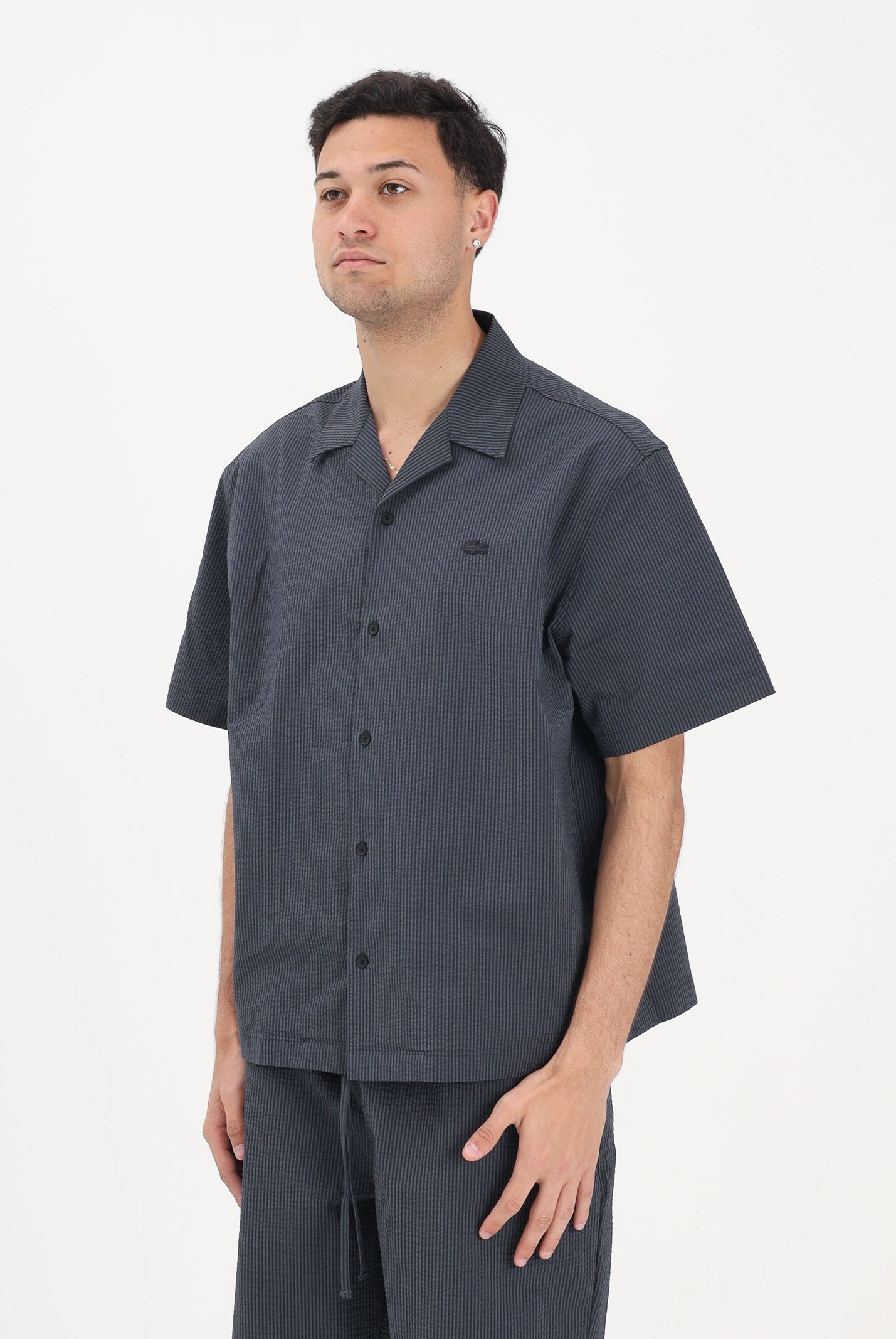 LACOSTE Camicia a manica corta nera da uomo in seersucker CH2355 4CI LACOSTE