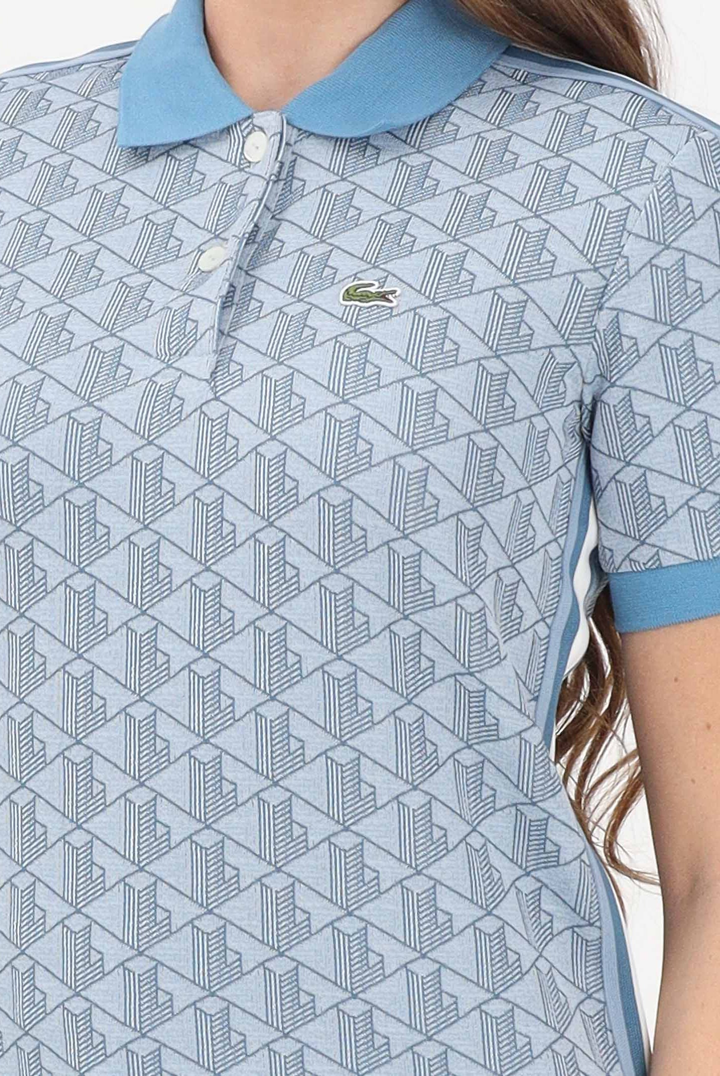 LACOSTE Polo a manica corta azzurra da donna con fantasia monogramma DF3364 1QI LACOSTE