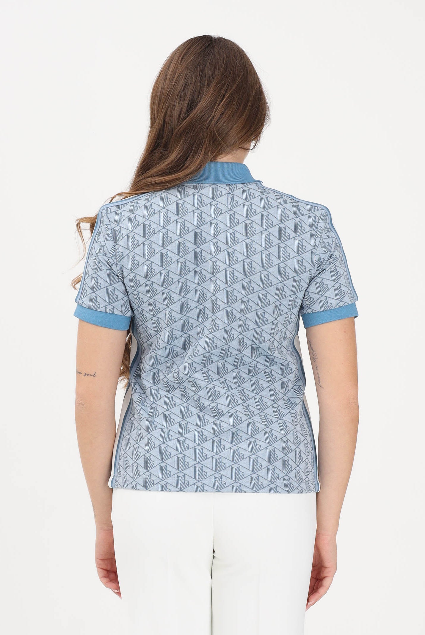 LACOSTE Polo a manica corta azzurra da donna con fantasia monogramma DF3364 1QI LACOSTE