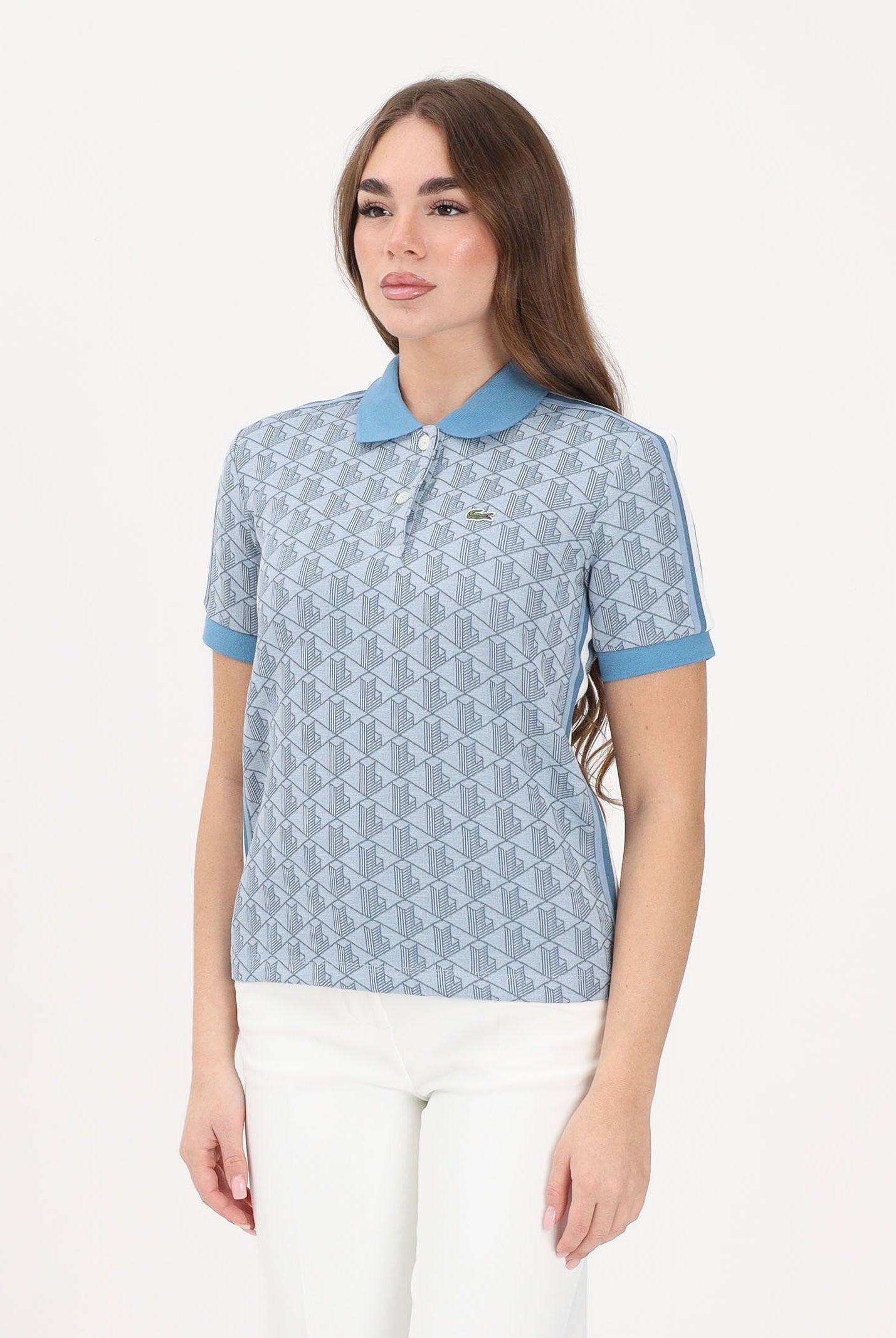 LACOSTE Polo a manica corta azzurra da donna con fantasia monogramma DF3364 1QI LACOSTE