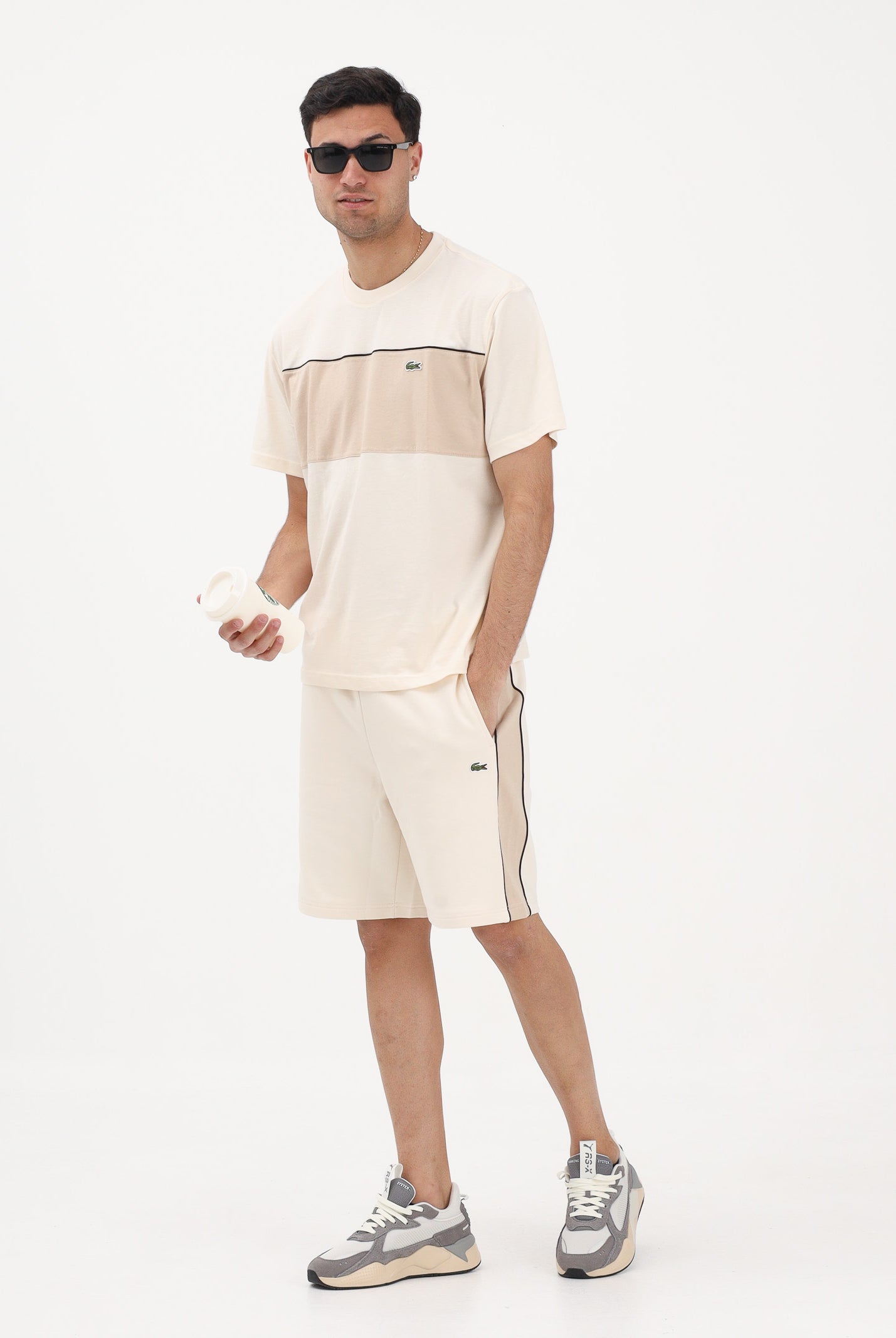 LACOSTE Shorts sportivo beige da uomo con motivo color block GH0893 3RR LACOSTE