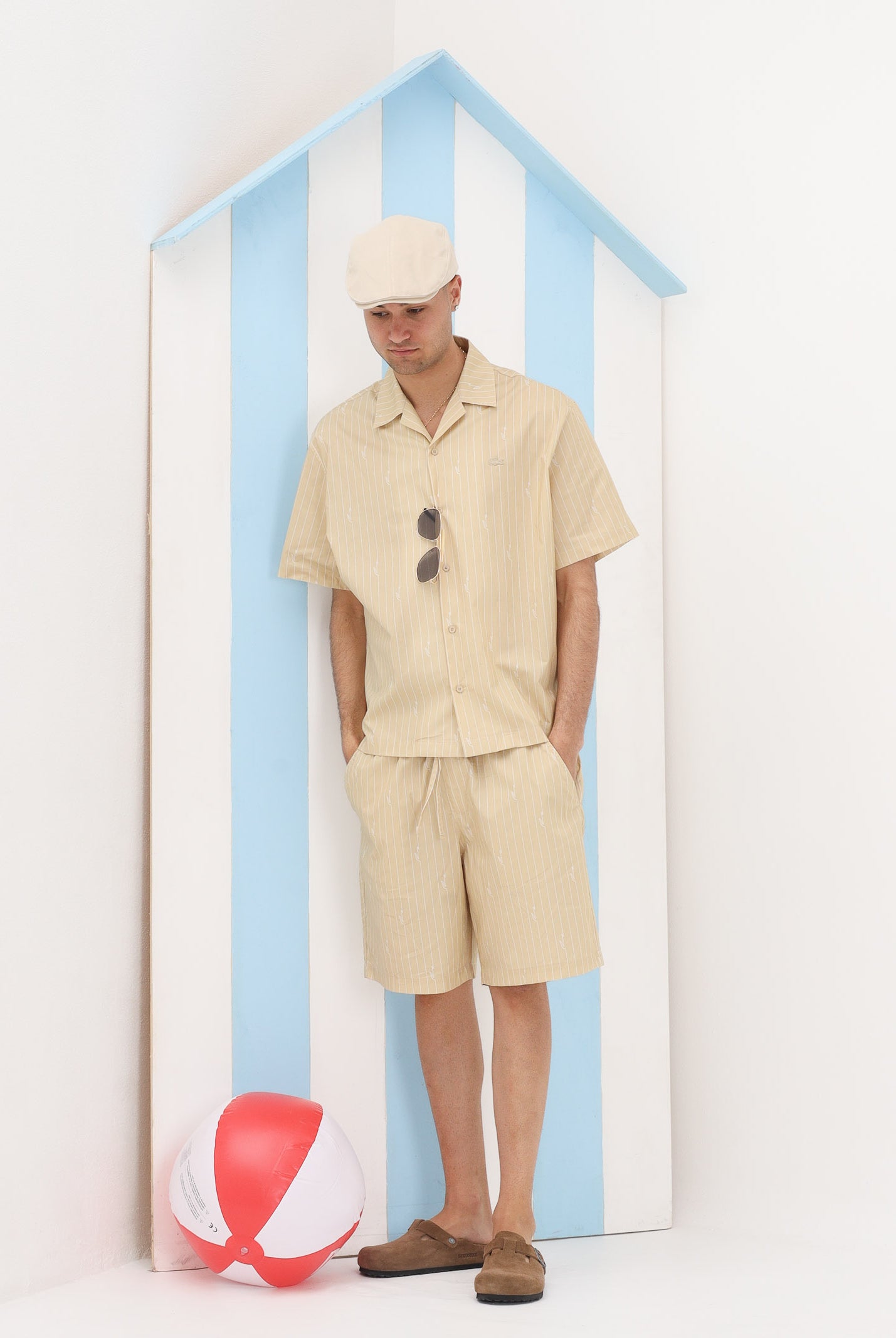 LACOSTE Shorts beige da uomo a righe con stampa coccodrillo GH1964 2IU LACOSTE