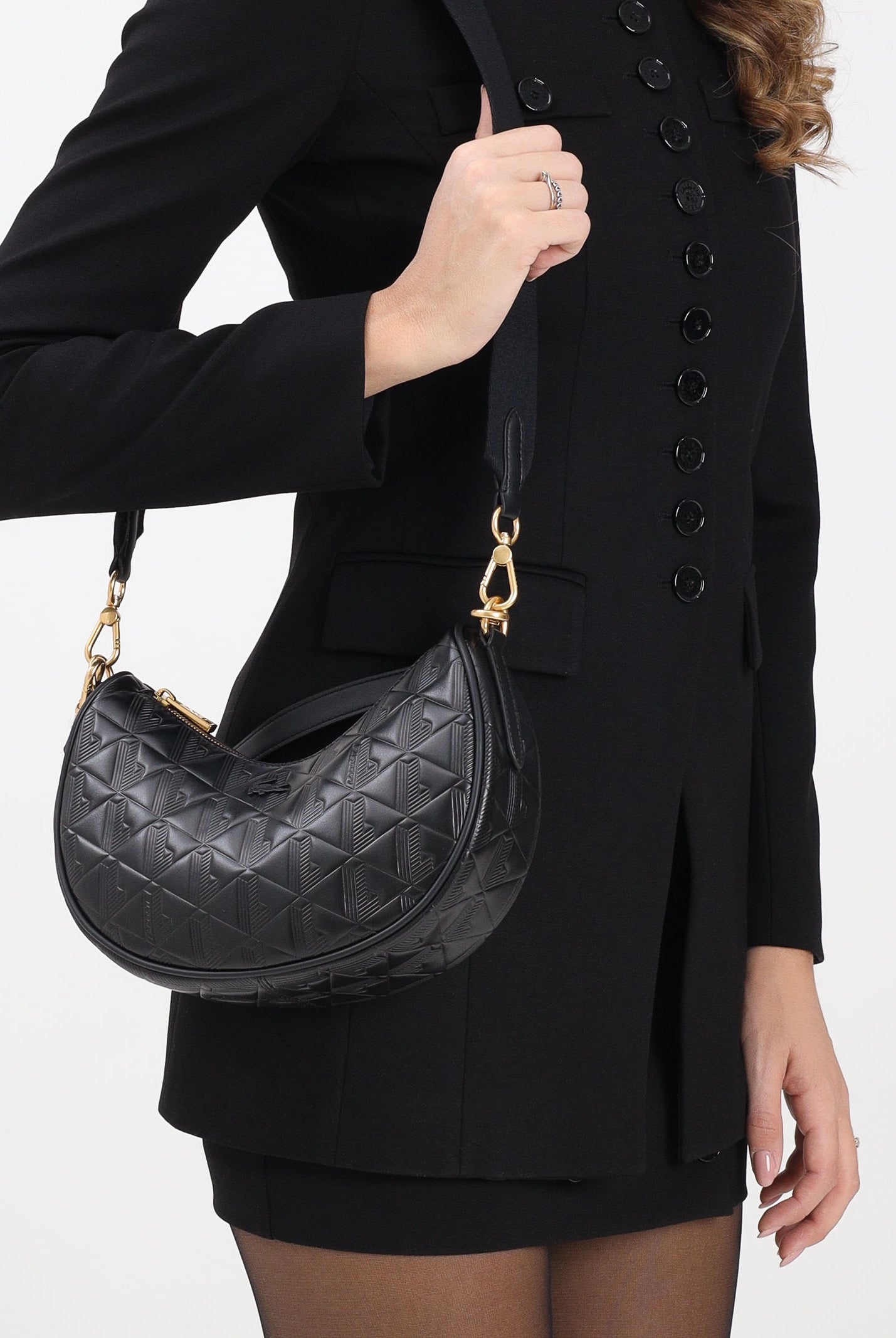 LACOSTE Borsa a spalla nera da donna in pelle goffrata Maheki NF4710 000 LACOSTE