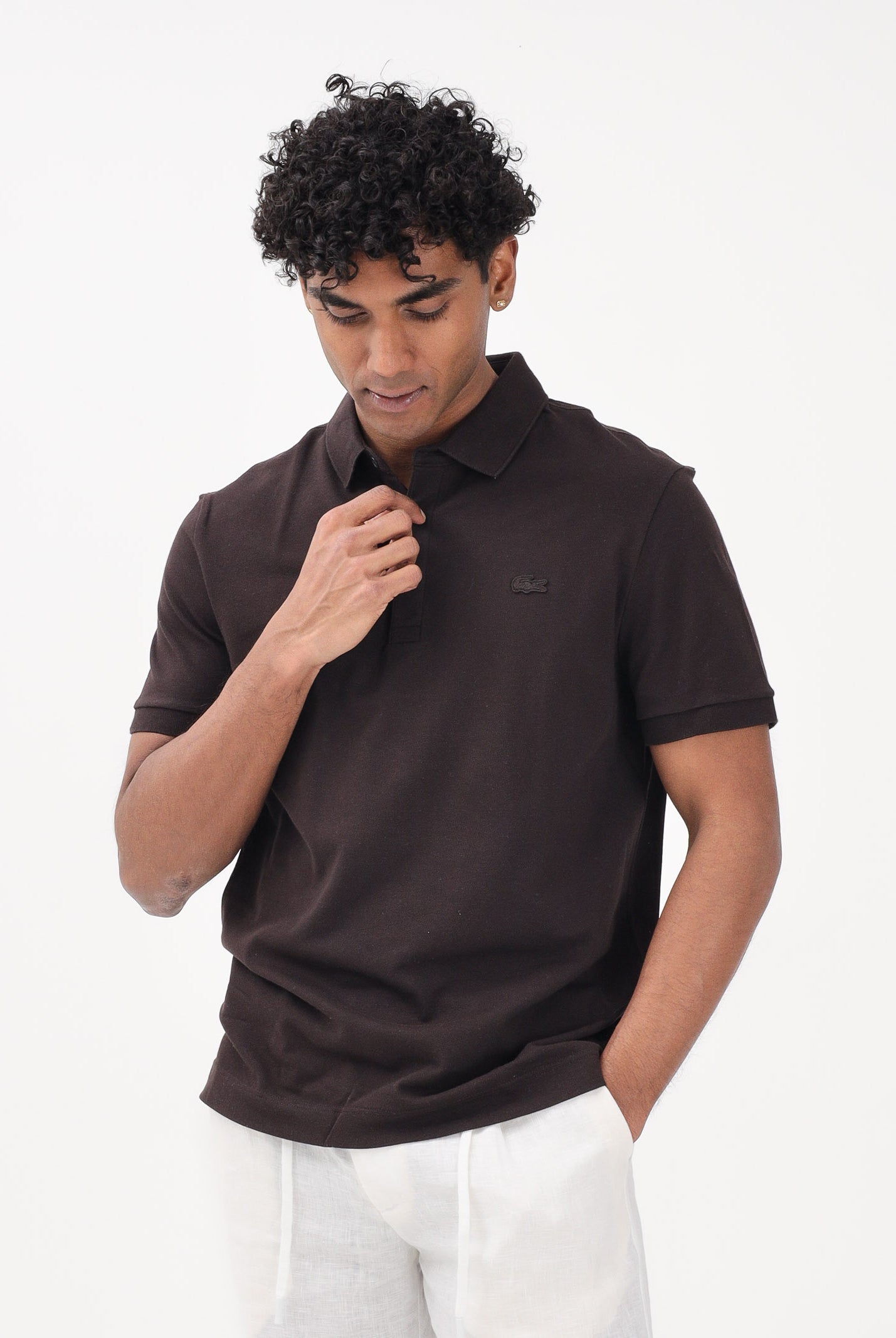 LACOSTE Polo a manica corta marrone da uomo in piqué elasticizzato Paris PH5522 3LA LACOSTE