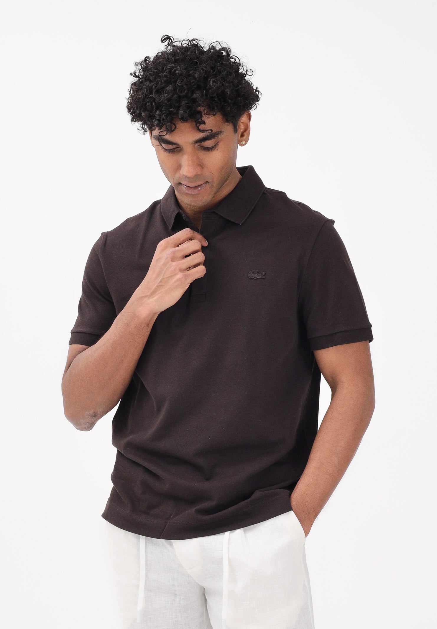 LACOSTE Polo a manica corta marrone da uomo in piqué elasticizzato Paris PH5522 3LA LACOSTE