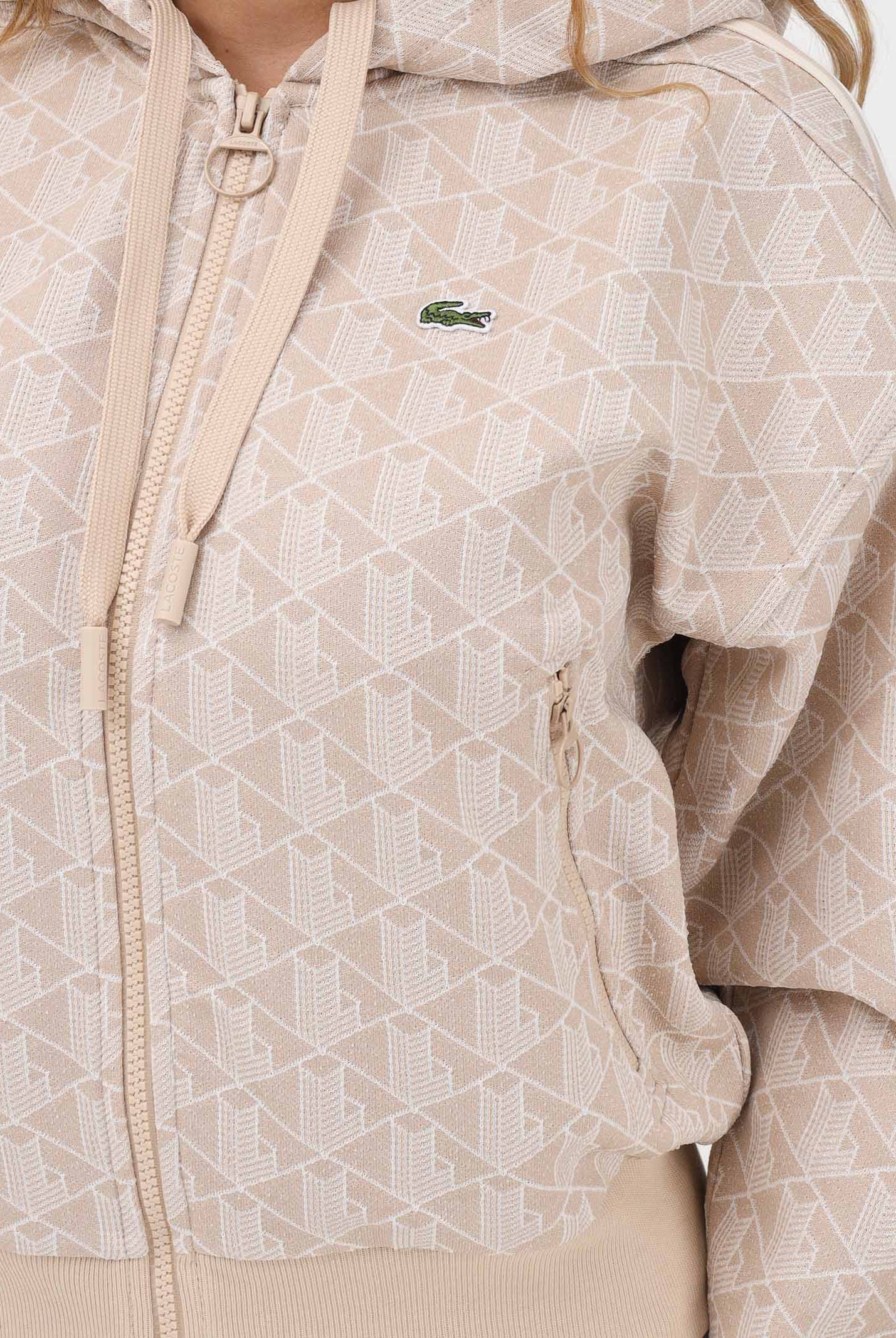 LACOSTE Felpa con zip beige da donna in jacquard con monogramma SF7606 8GI LACOSTE