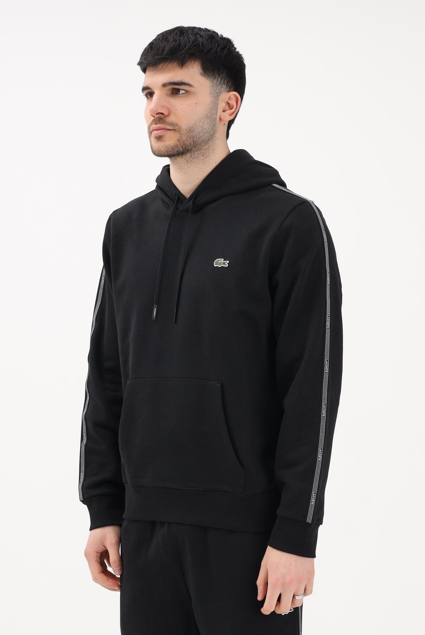 LACOSTE Felpa con cappuccio nera da uomo con bordi logati SH0884 031 LACOSTE
