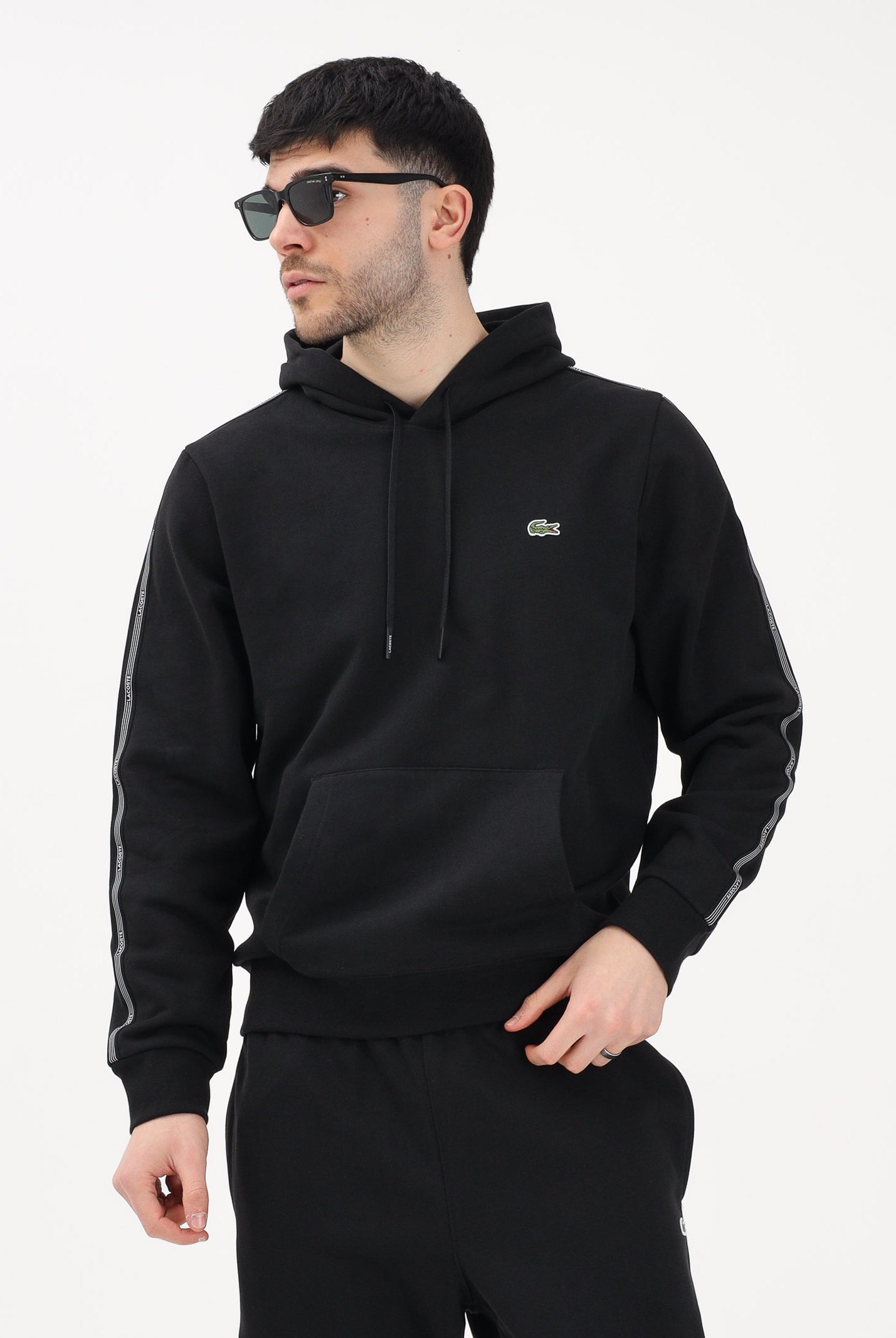 LACOSTE Felpa con cappuccio nera da uomo con bordi logati SH0884 031 LACOSTE