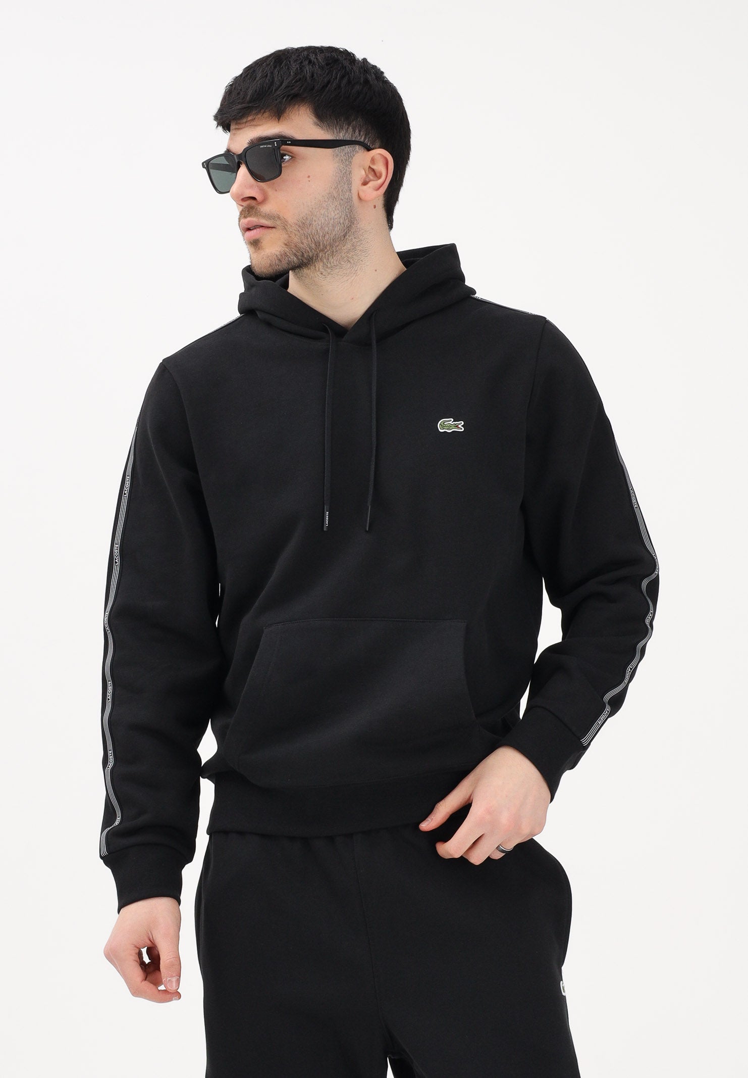 LACOSTE Felpa con cappuccio nera da uomo con bordi logati SH0884 031 LACOSTE