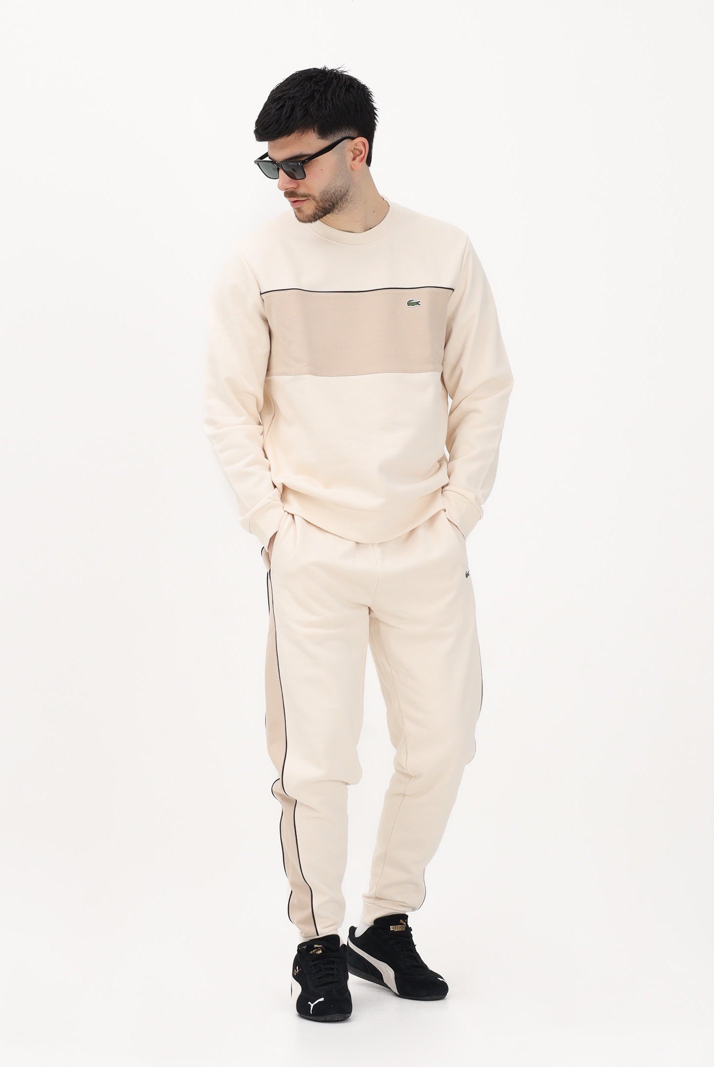 LACOSTE Felpa girocollo beige da uomo con motivo color block SH0887 3RR LACOSTE