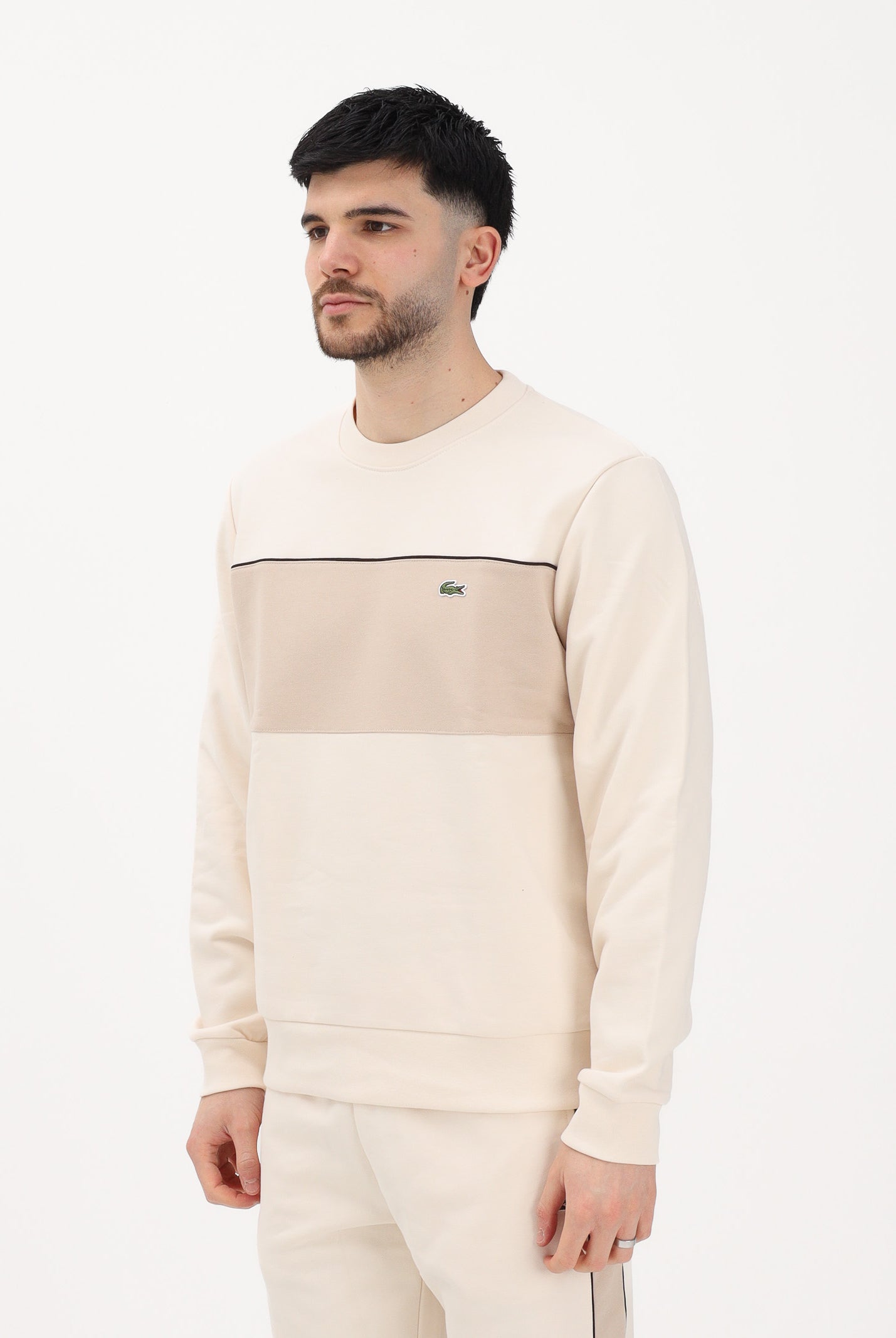 LACOSTE Felpa girocollo beige da uomo con motivo color block SH0887 3RR LACOSTE